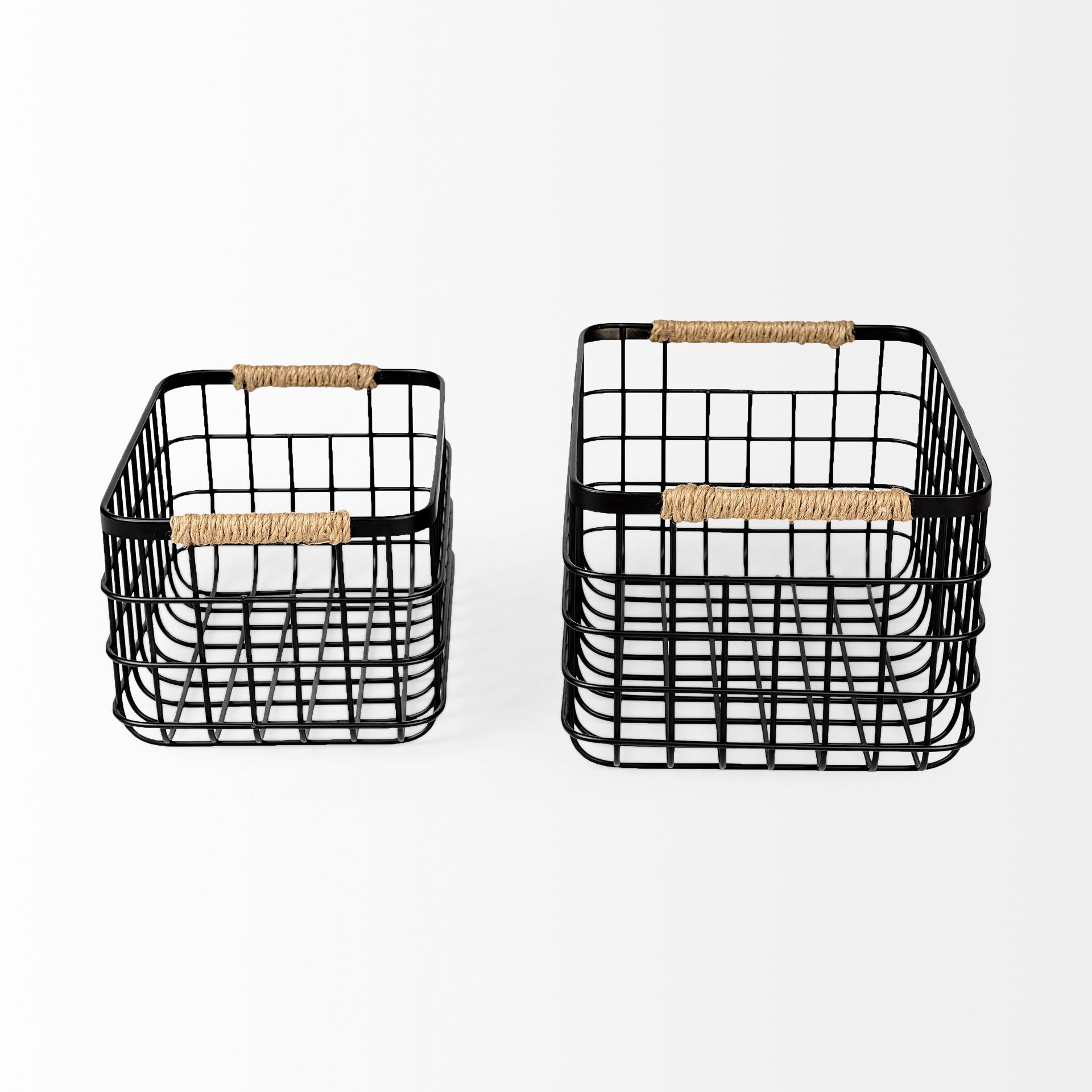Marius 20.9L x 15.2W x 12.2 Set of Two Matte Black Metal W/ Rope Trim Rectangular Baskets - Dekor Butik