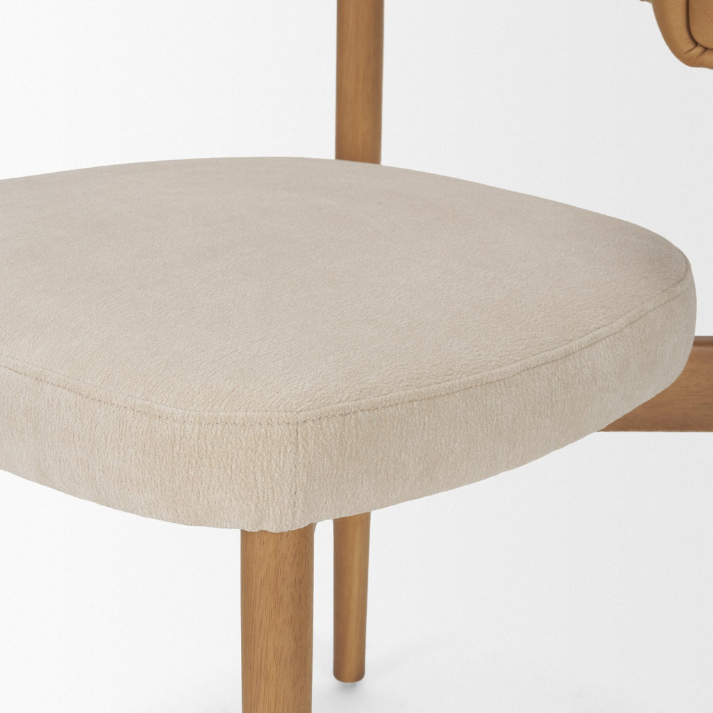 Motley Curved Open Back Cream Fabric and Tan Leather Dining Chair - Dekor Butik