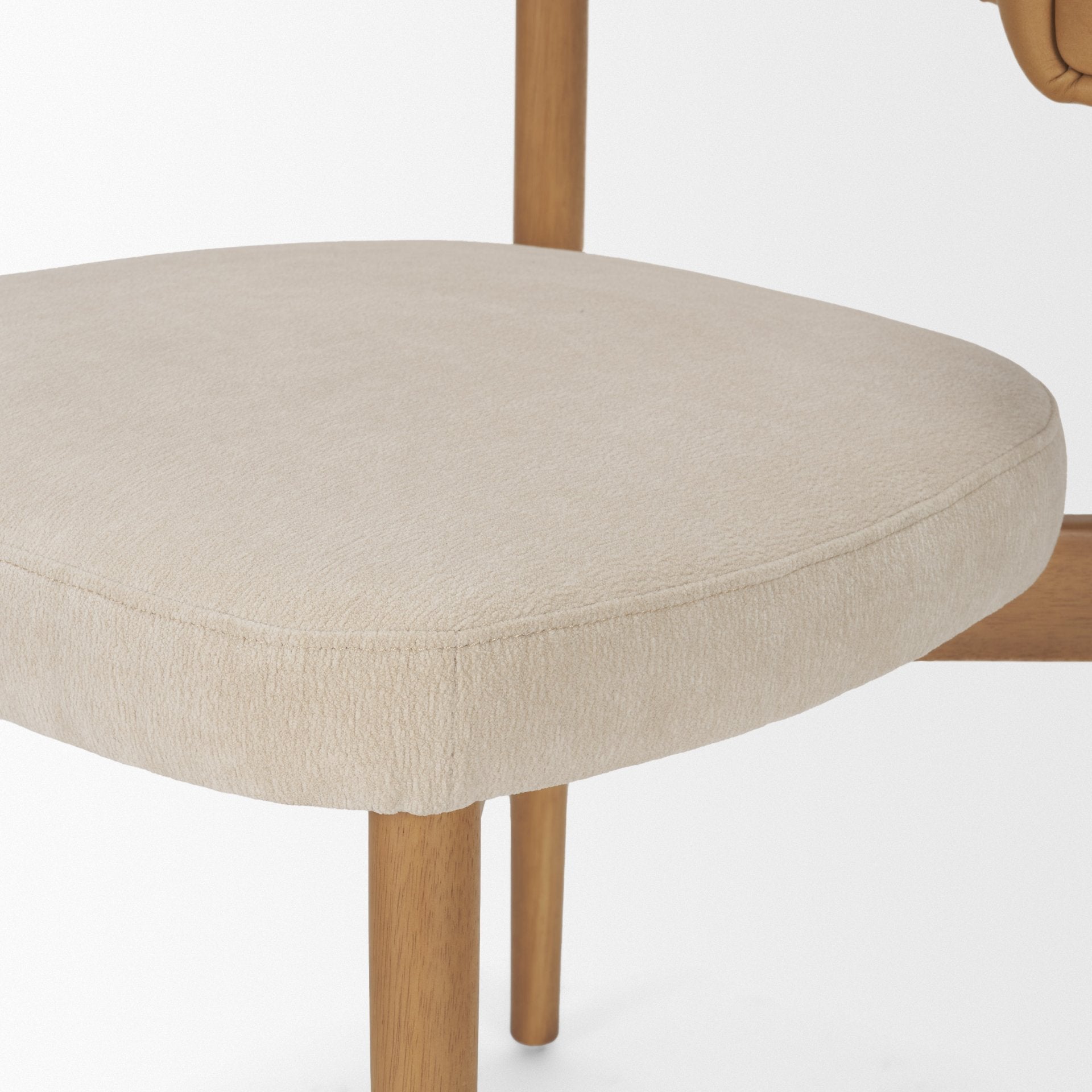 Motley Curved Open Back Cream Fabric and Tan Leather Dining Chair - Dekor Butik