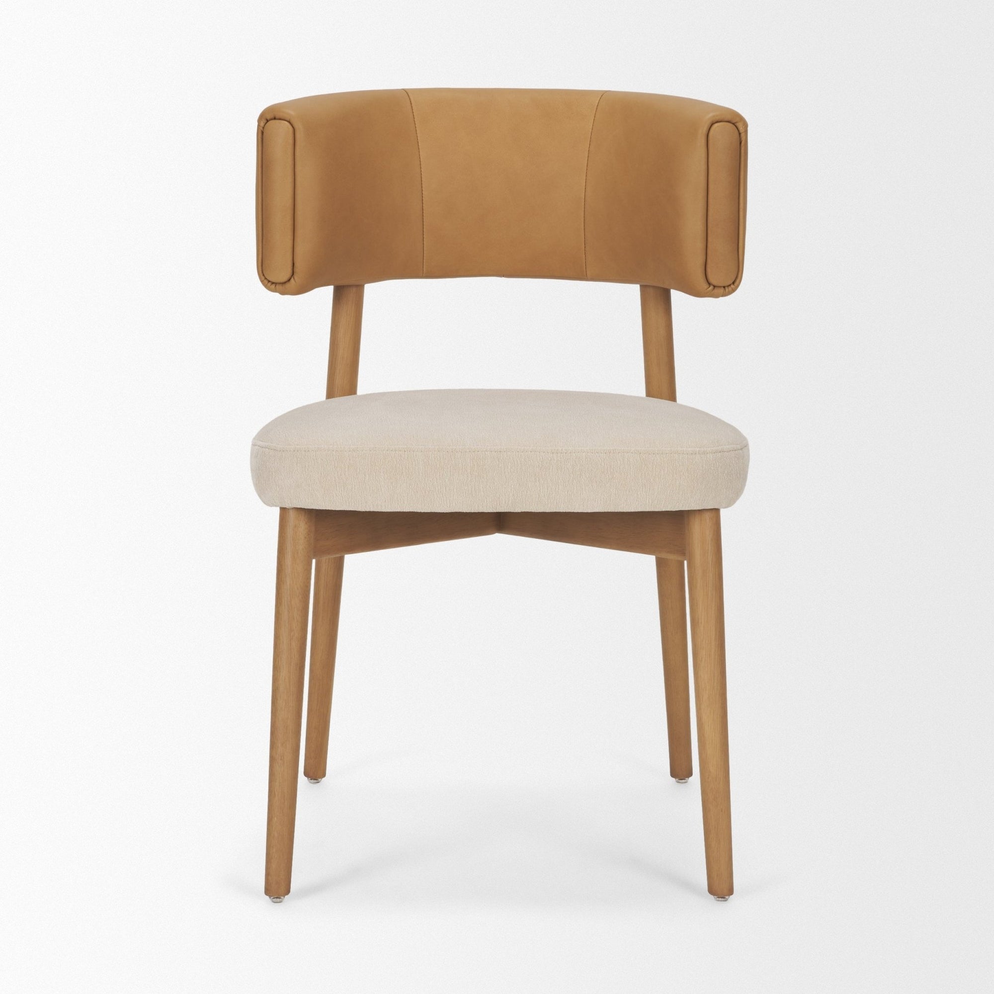 Motley Curved Open Back Cream Fabric and Tan Leather Dining Chair - Dekor Butik