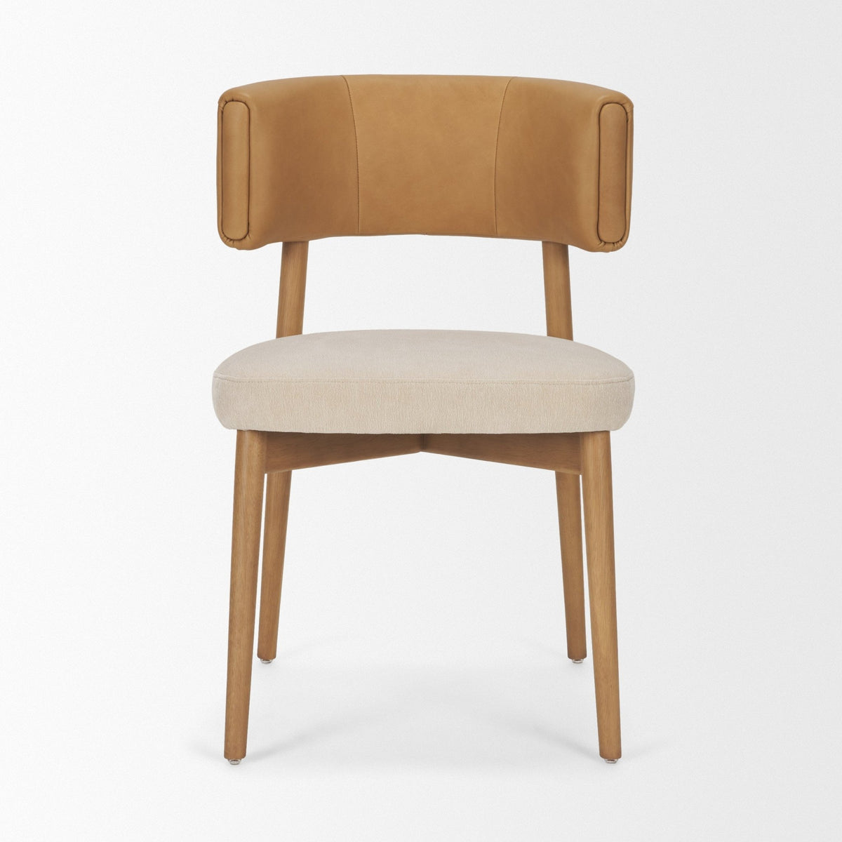 Motley Curved Open Back Cream Fabric and Tan Leather Dining Chair - Dekor Butik