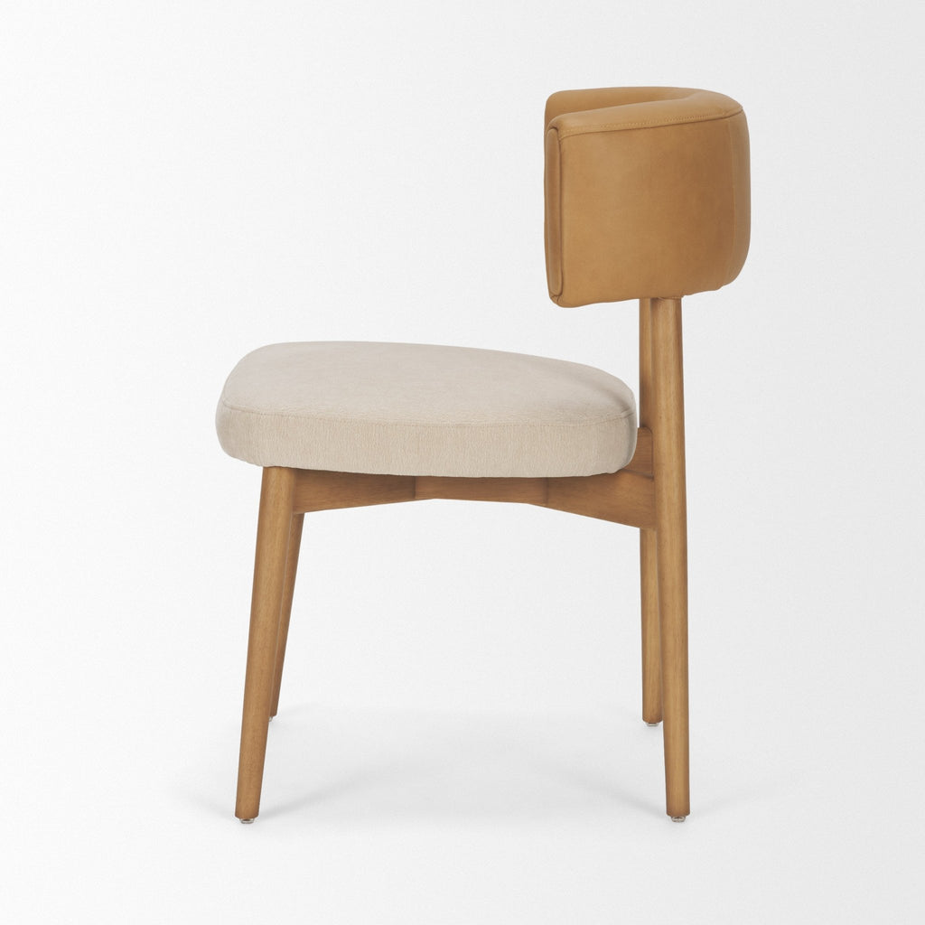 Motley Curved Open Back Cream Fabric and Tan Leather Dining Chair - Dekor Butik