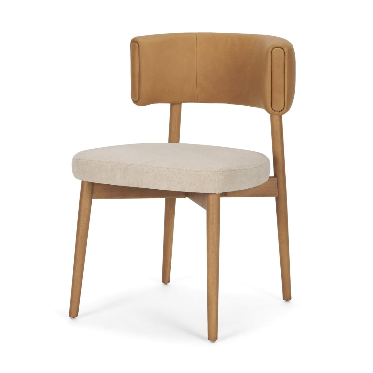 Motley Curved Open Back Cream Fabric and Tan Leather Dining Chair - Dekor Butik