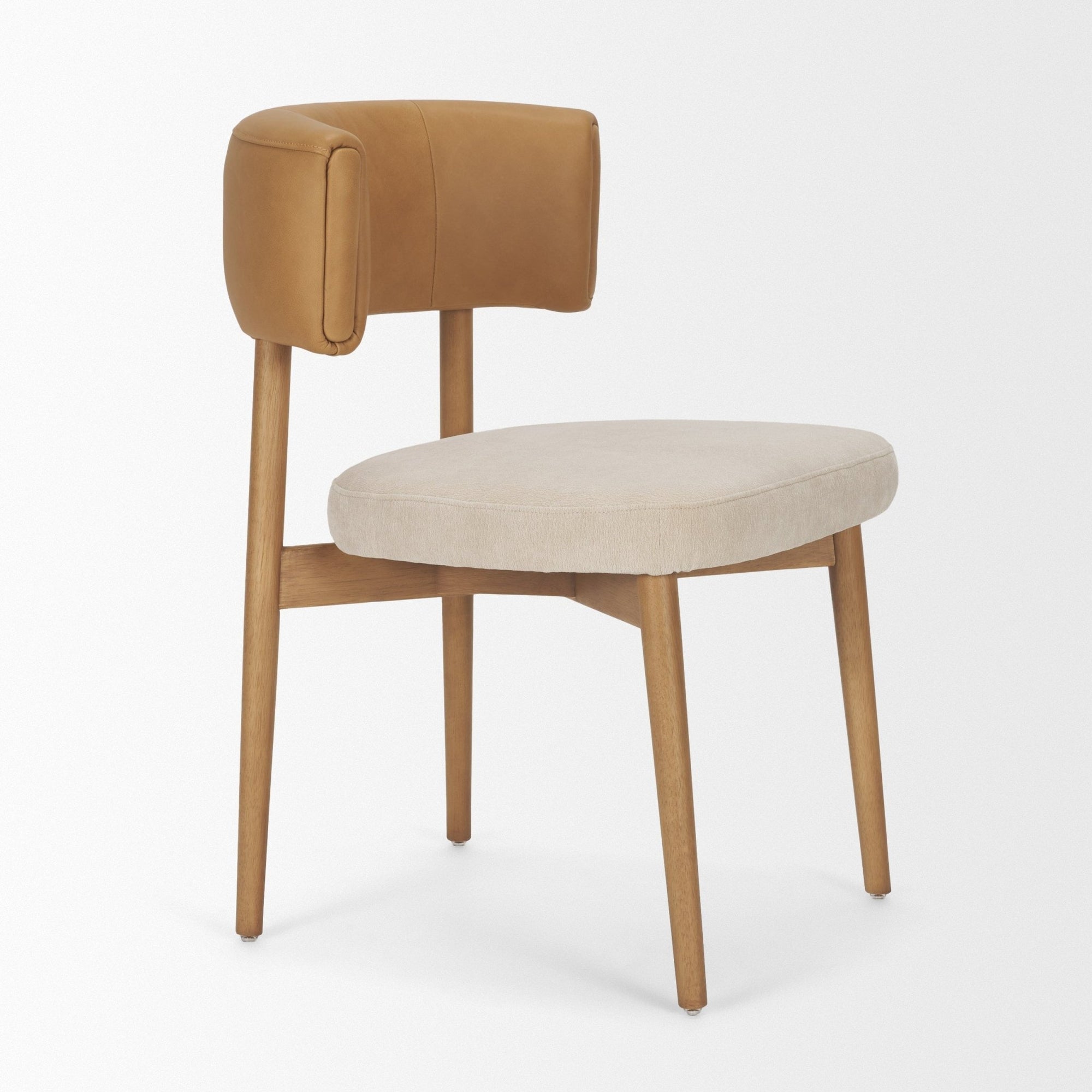 Motley Curved Open Back Cream Fabric and Tan Leather Dining Chair - Dekor Butik