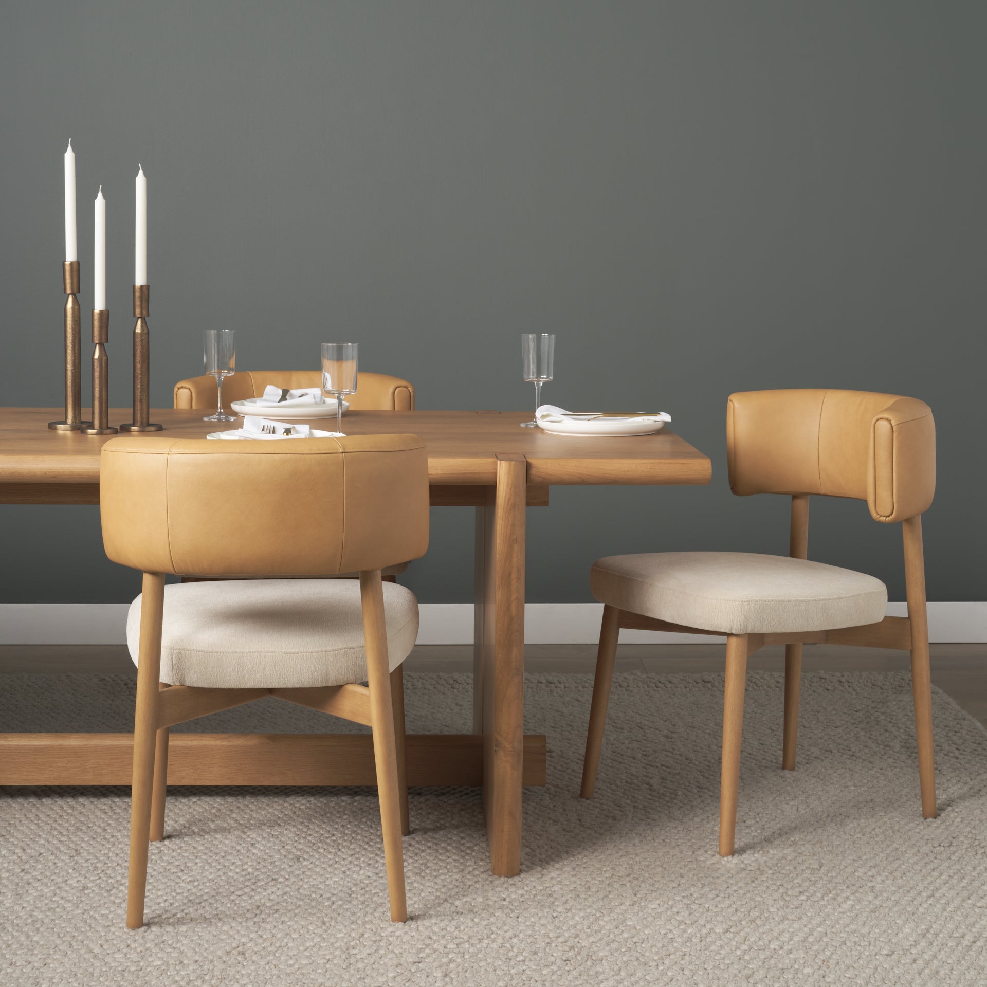 Motley Curved Open Back Cream Fabric and Tan Leather Dining Chair - Dekor Butik