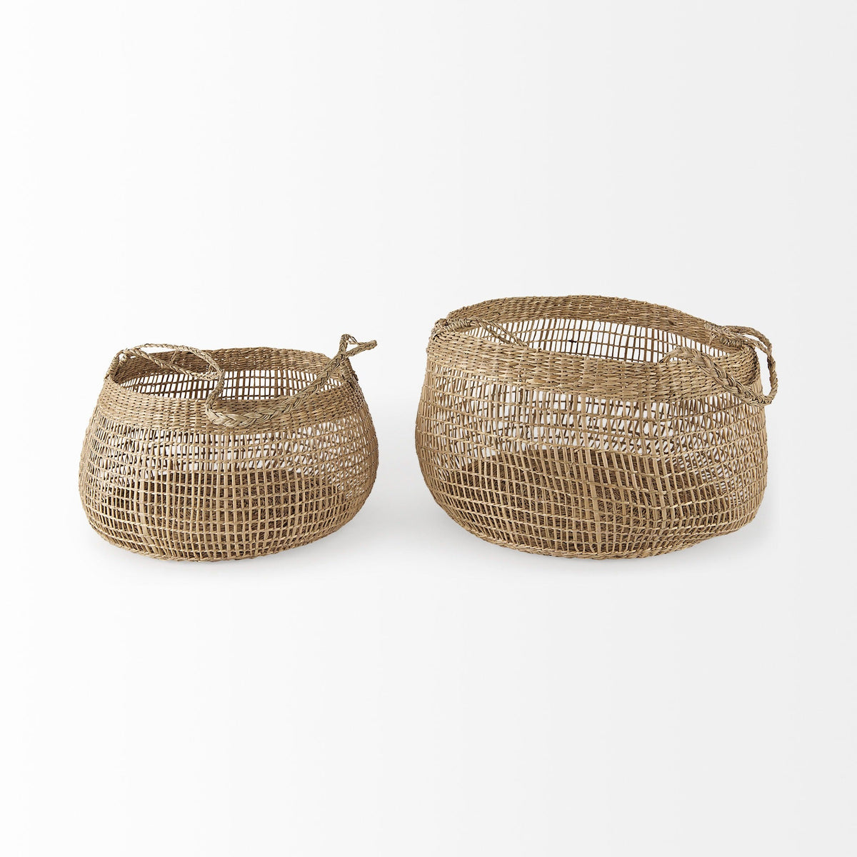 Nova 15.0L x 15.0W x 9.4H (Set of 2) Light Brown Seagrass Woven Round Basket W/ Long Handle - Dekor Butik