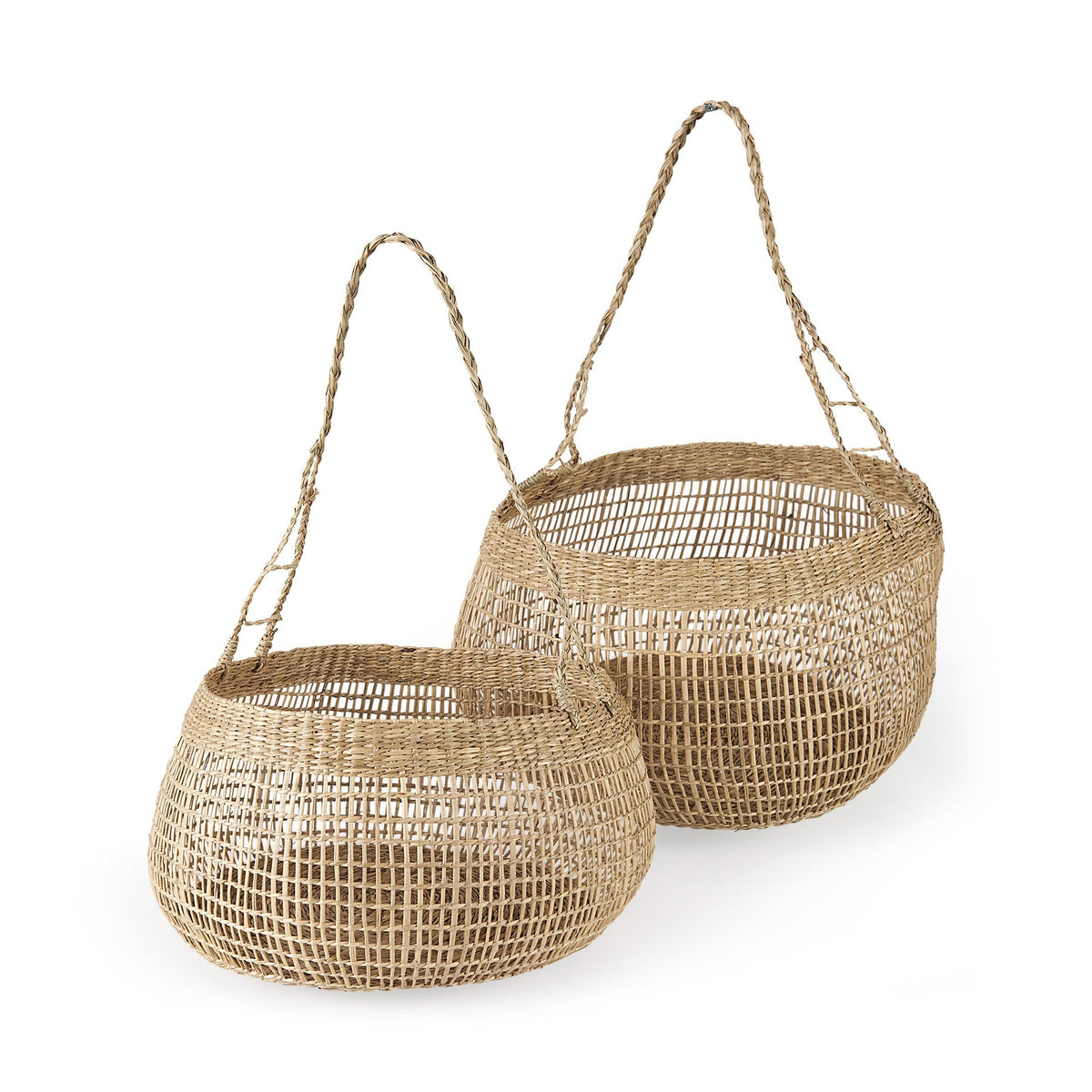 Nova 15.0L x 15.0W x 9.4H (Set of 2) Light Brown Seagrass Woven Round Basket W/ Long Handle - Dekor Butik
