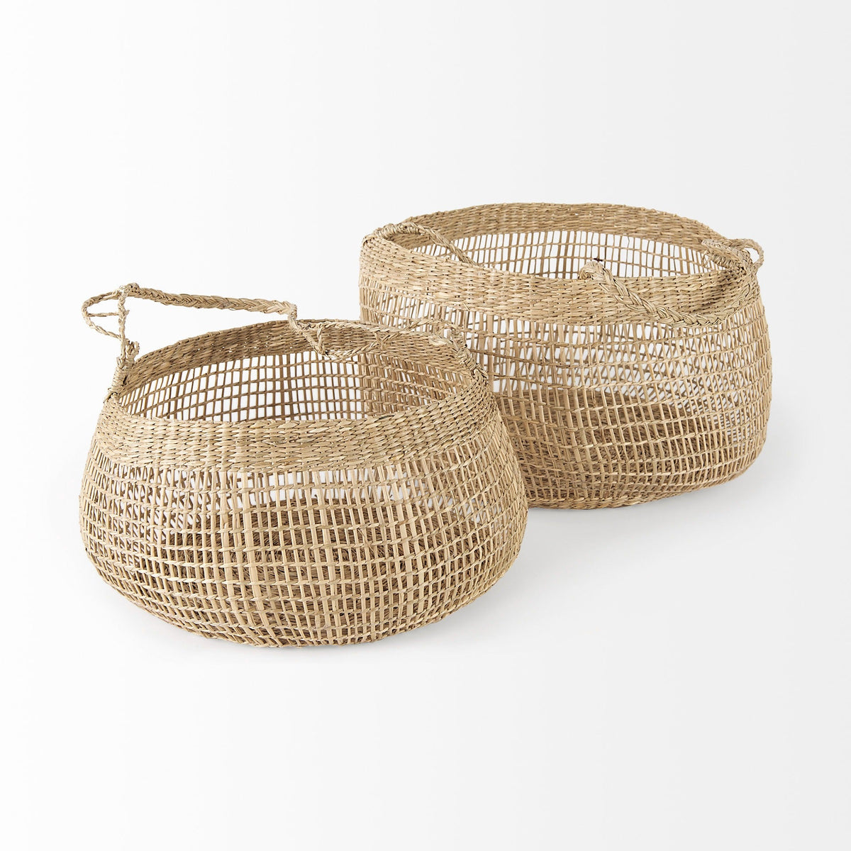 Nova 15.0L x 15.0W x 9.4H (Set of 2) Light Brown Seagrass Woven Round Basket W/ Long Handle - Dekor Butik