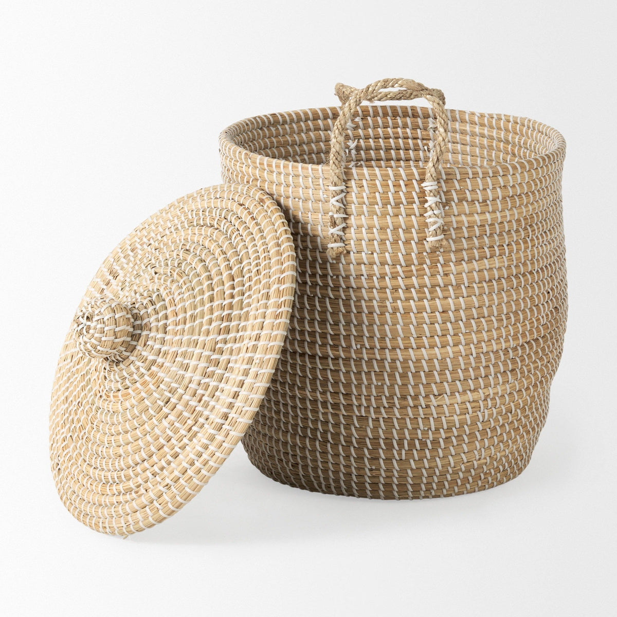 Olivia 15.7L x 15.7W x 17.3H Set of 3 Beige Seagrass Basket W/Lid and Handles - Dekor Butik