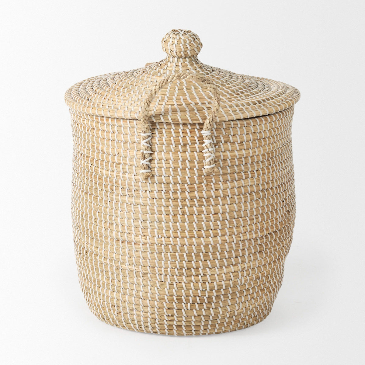 Olivia 15.7L x 15.7W x 17.3H Set of 3 Beige Seagrass Basket W/Lid and Handles - Dekor Butik