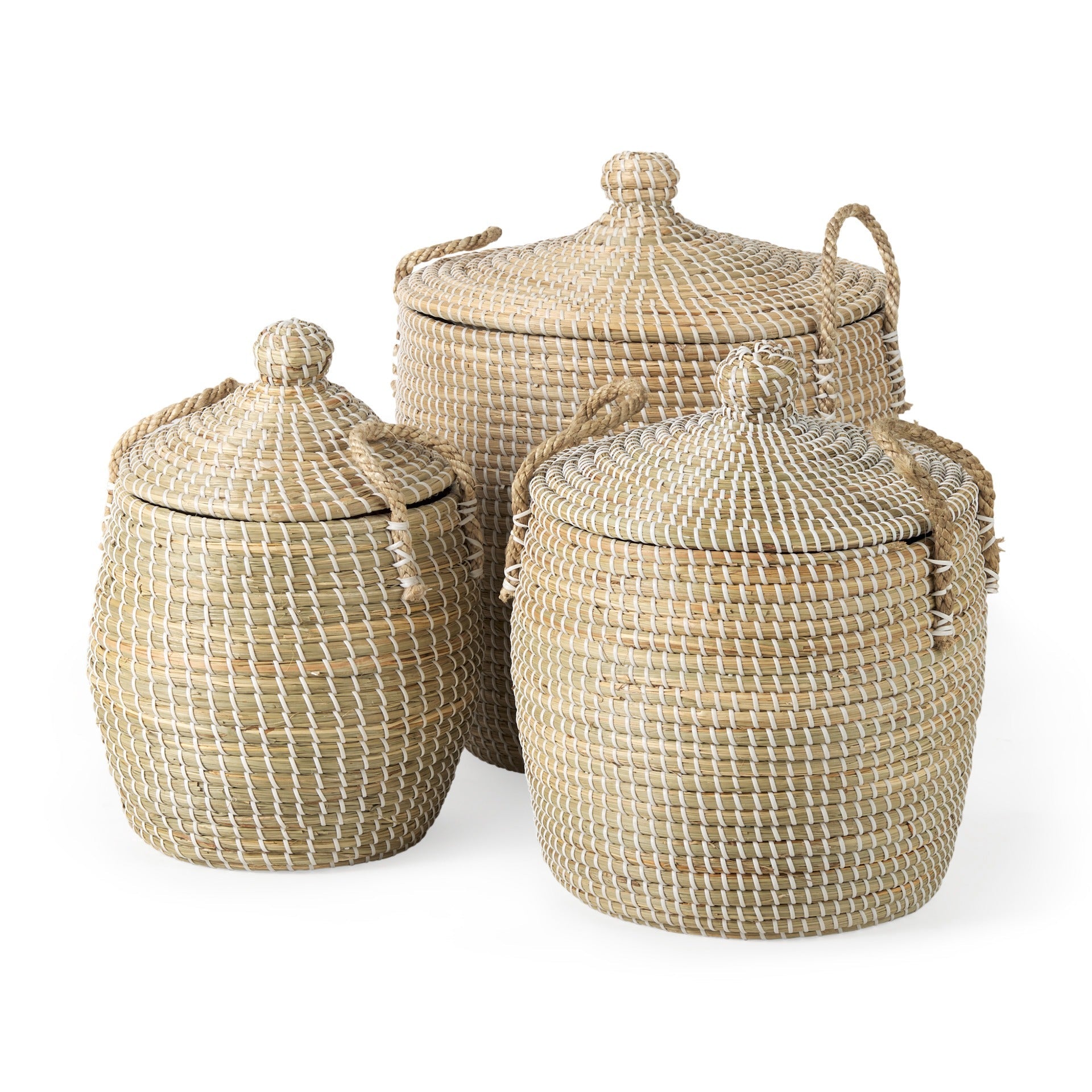 Olivia 15.7L x 15.7W x 17.3H Set of 3 Beige Seagrass Basket W/Lid and Handles - Dekor Butik