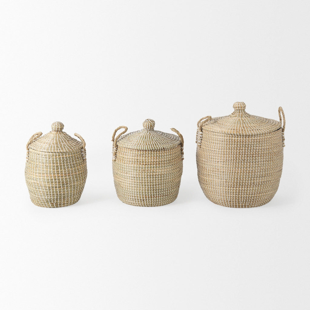 Olivia 15.7L x 15.7W x 17.3H Set of 3 Beige Seagrass Basket W/Lid and Handles - Dekor Butik