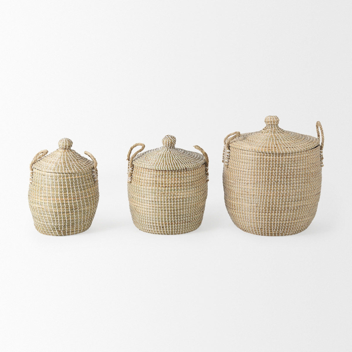 Olivia 15.7L x 15.7W x 17.3H Set of 3 Beige Seagrass Basket W/Lid and Handles - Dekor Butik