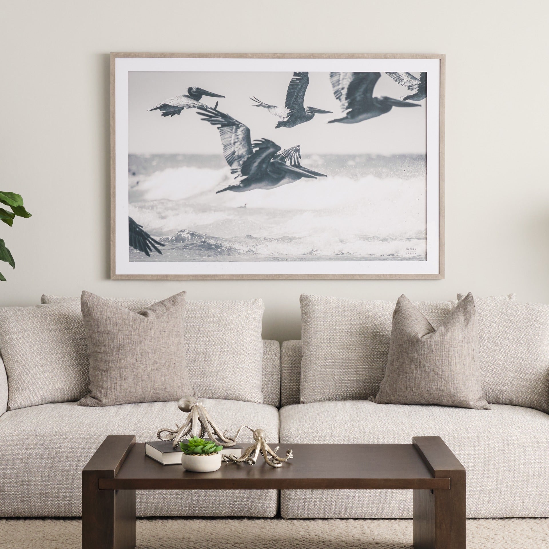 Pelican Beach by Nathan Larson a Hand Embellished Framed Photo Art Print Matted under Glass - Dekor Butik