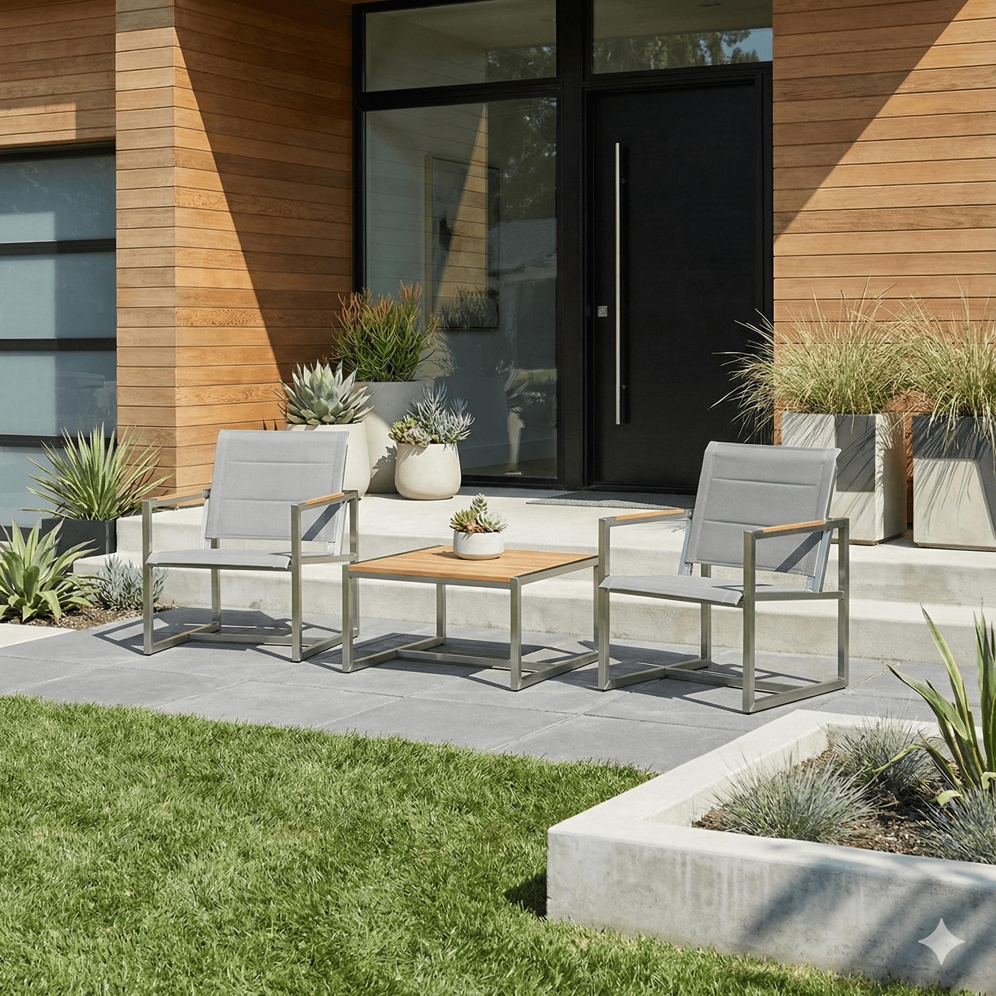 ChairPine Stainless Steel & Teak Outdoor Sling 2 Chairs Bistro Set - Dekor Butik