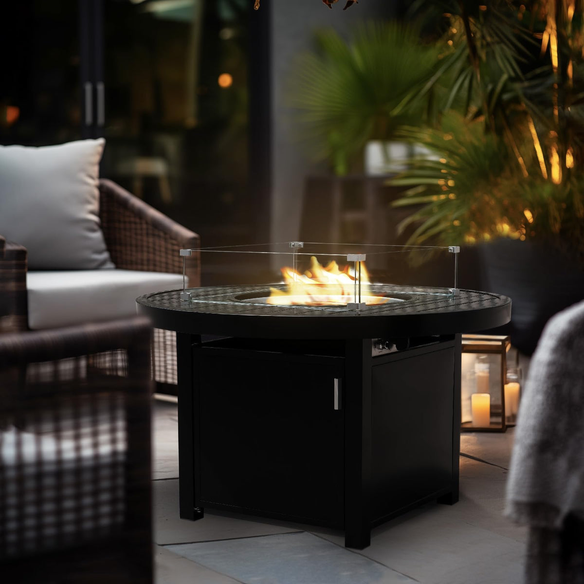 Propane FirePit Table: 50,000 BTU Aluminum Slat Top with Lid, Stainless Steel Burner, Windguard, 8KG Glass Beads, 300D PVC Cover, CSA - Listed - Dekor Butik