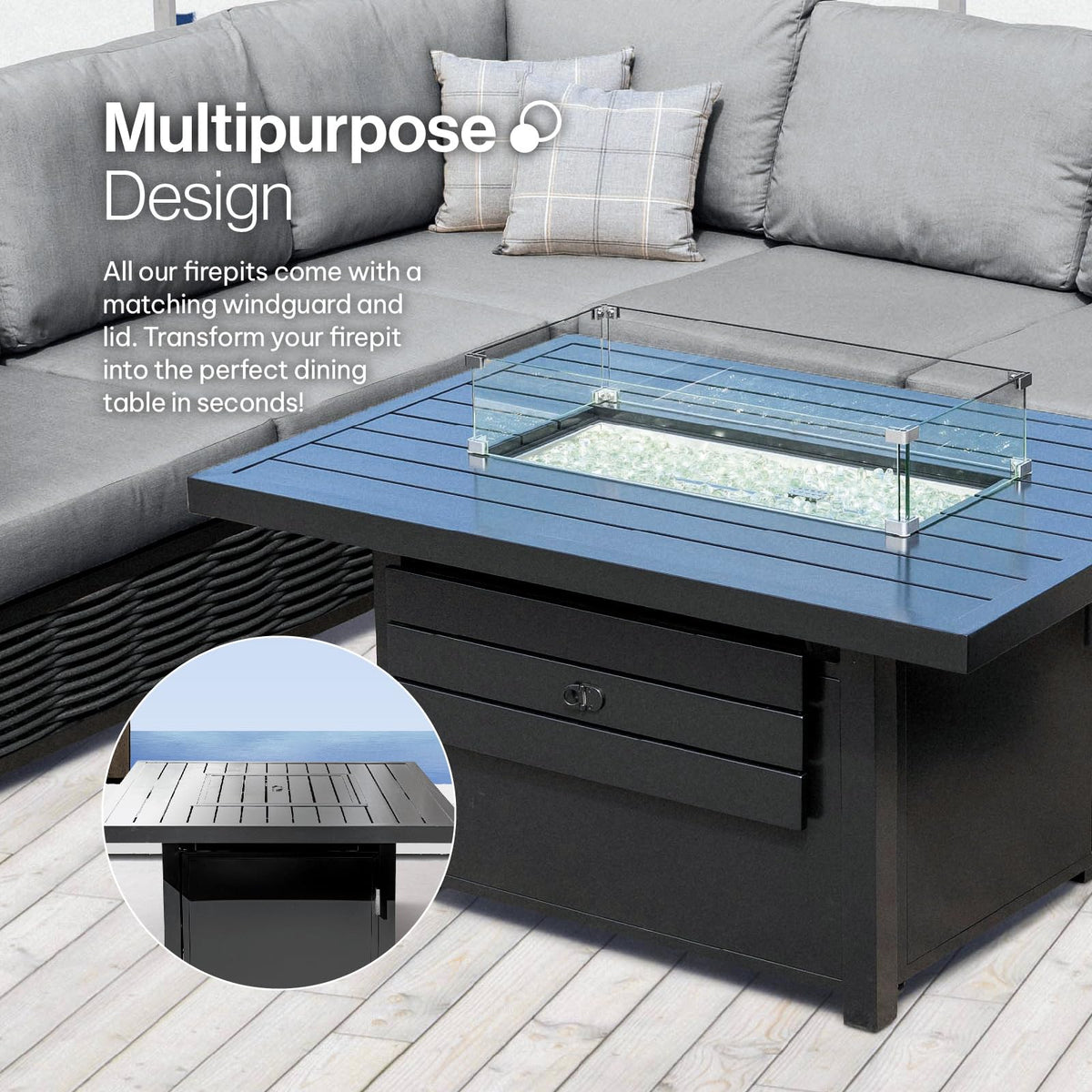 Propane FirePit Table: 50,000 BTU Aluminum Slat Top with Lid, Stainless Steel Burner, Windguard, 8KG Glass Beads, 300D PVC Cover, CSA - Listed - Dekor Butik