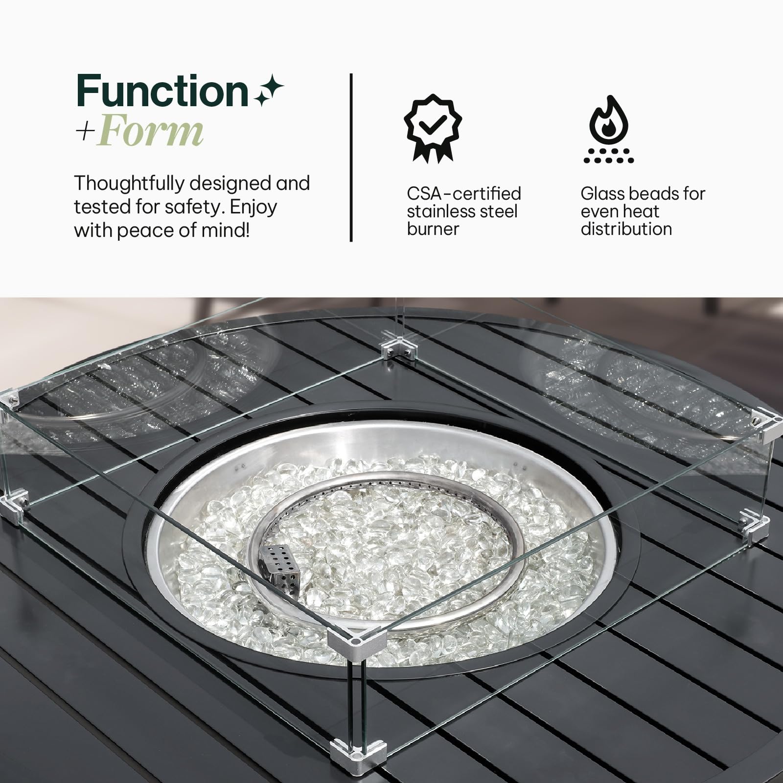 Propane FirePit Table: 50,000 BTU Aluminum Slat Top with Lid, Stainless Steel Burner, Windguard, 8KG Glass Beads, 300D PVC Cover, CSA - Listed - Dekor Butik