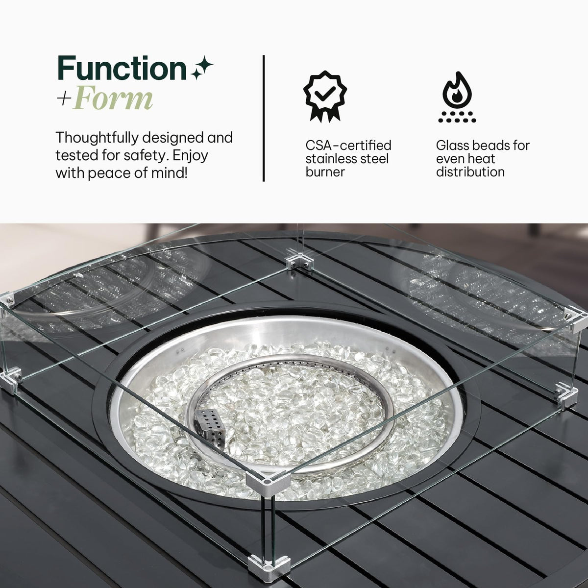 Propane FirePit Table: 50,000 BTU Aluminum Slat Top with Lid, Stainless Steel Burner, Windguard, 8KG Glass Beads, 300D PVC Cover, CSA - Listed - Dekor Butik
