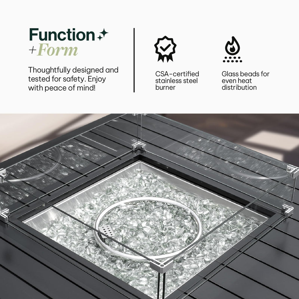 Propane FirePit Table: 50,000 BTU Aluminum Slat Top with Lid, Stainless Steel Burner, Windguard, 8KG Glass Beads, 300D PVC Cover, CSA - Listed - Dekor Butik