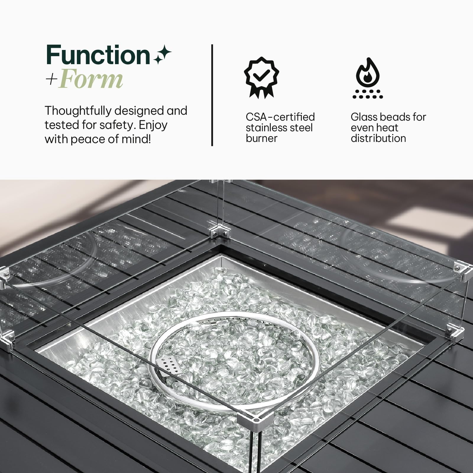 Propane FirePit Table: 50,000 BTU Aluminum Slat Top with Lid, Stainless Steel Burner, Windguard, 8KG Glass Beads, 300D PVC Cover, CSA - Listed - Dekor Butik