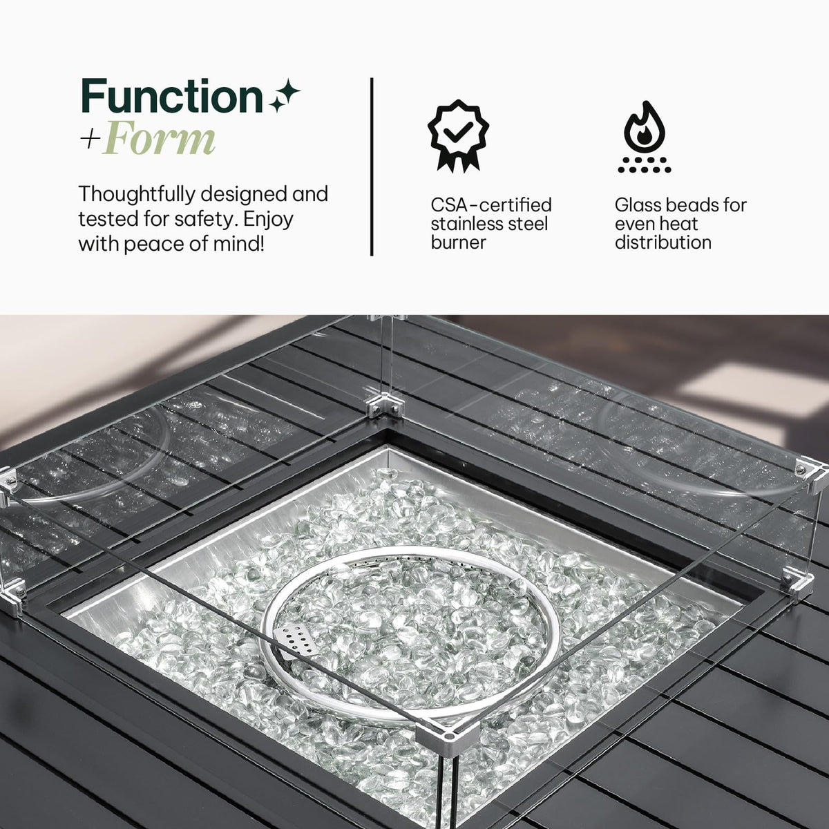 Propane FirePit Table: 50,000 BTU Aluminum Slat Top with Lid, Stainless Steel Burner, Windguard, 8KG Glass Beads, 300D PVC Cover, CSA - Listed - Dekor Butik