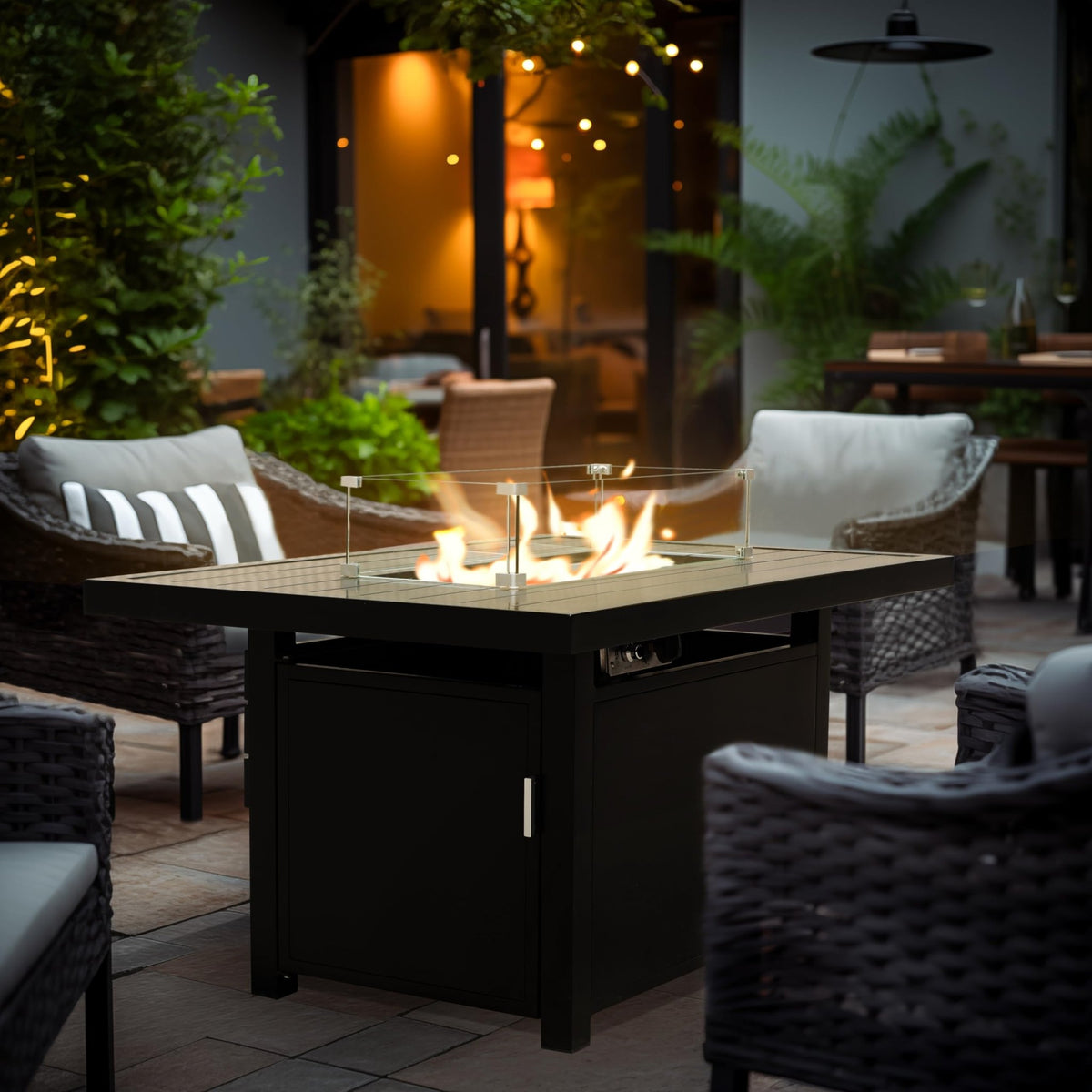 Propane FirePit Table: 50,000 BTU Aluminum Slat Top with Lid, Stainless Steel Burner, Windguard, 8KG Glass Beads, 300D PVC Cover, CSA - Listed - Dekor Butik