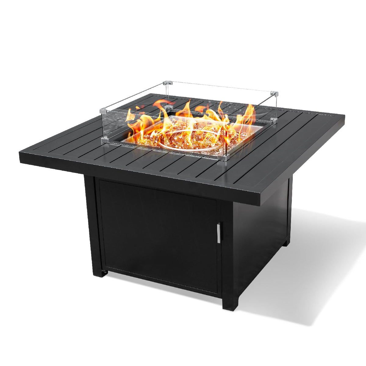 Propane FirePit Table: 50,000 BTU Aluminum Slat Top with Lid, Stainless Steel Burner, Windguard, 8KG Glass Beads, 300D PVC Cover, CSA - Listed - Dekor Butik