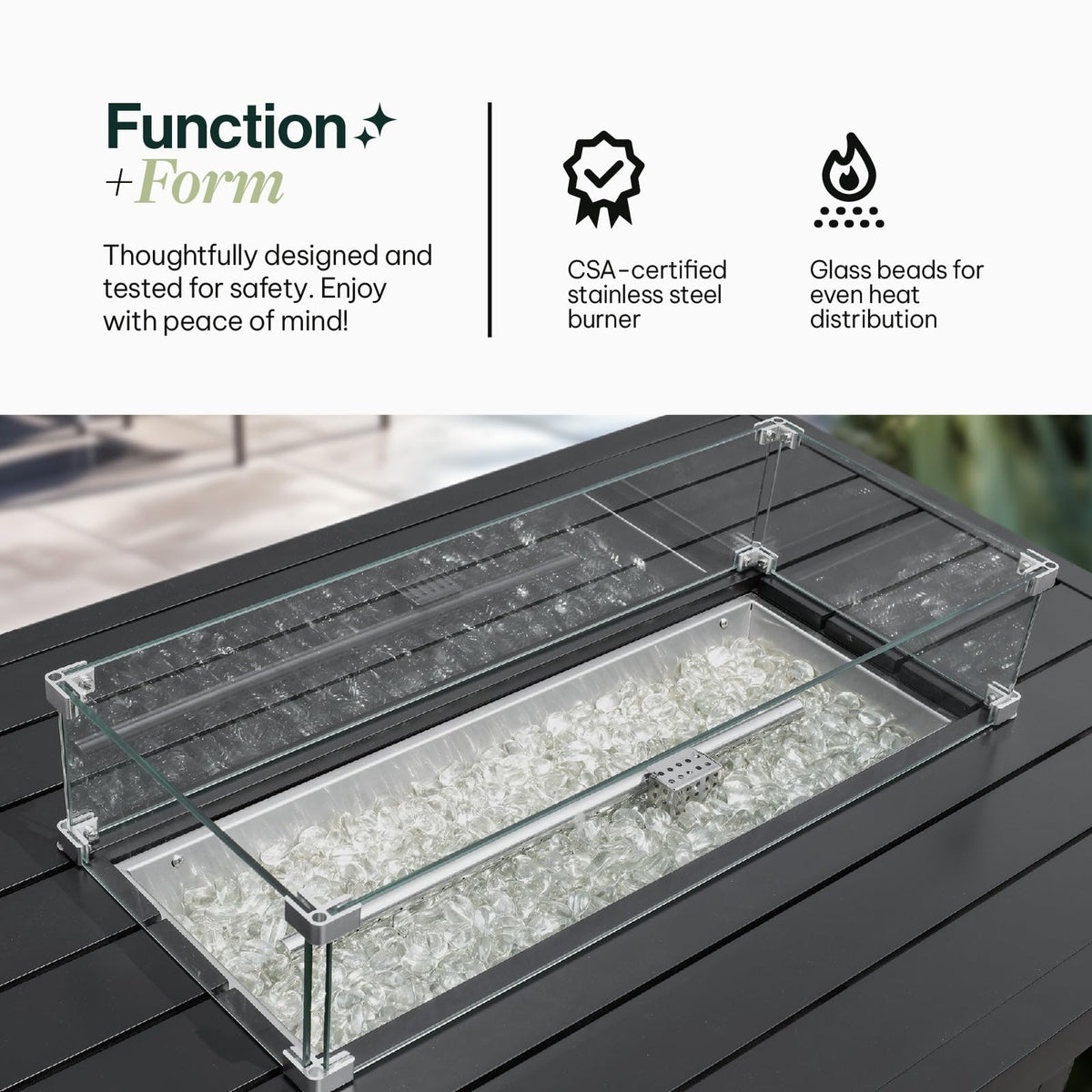 Propane FirePit Table: 50,000 BTU Aluminum Slat Top with Lid, Stainless Steel Burner, Windguard, 8KG Glass Beads, 300D PVC Cover, CSA - Listed - Dekor Butik