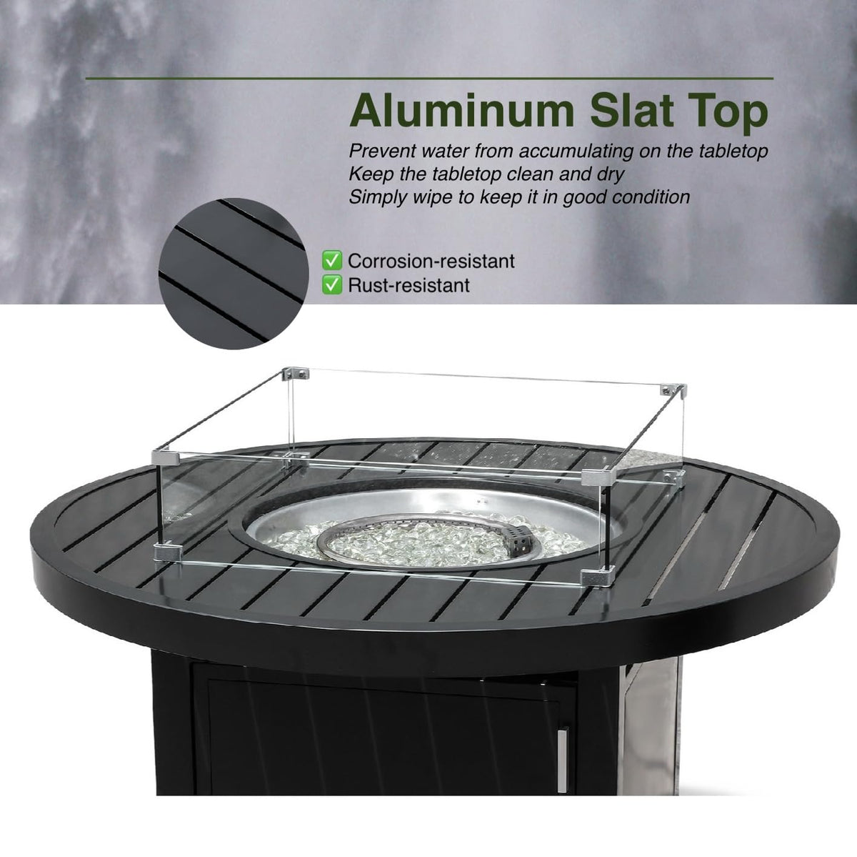 Propane FirePit Table: 50,000 BTU Aluminum Slat Top with Lid, Stainless Steel Burner, Windguard, 8KG Glass Beads, 300D PVC Cover, CSA - Listed - Dekor Butik