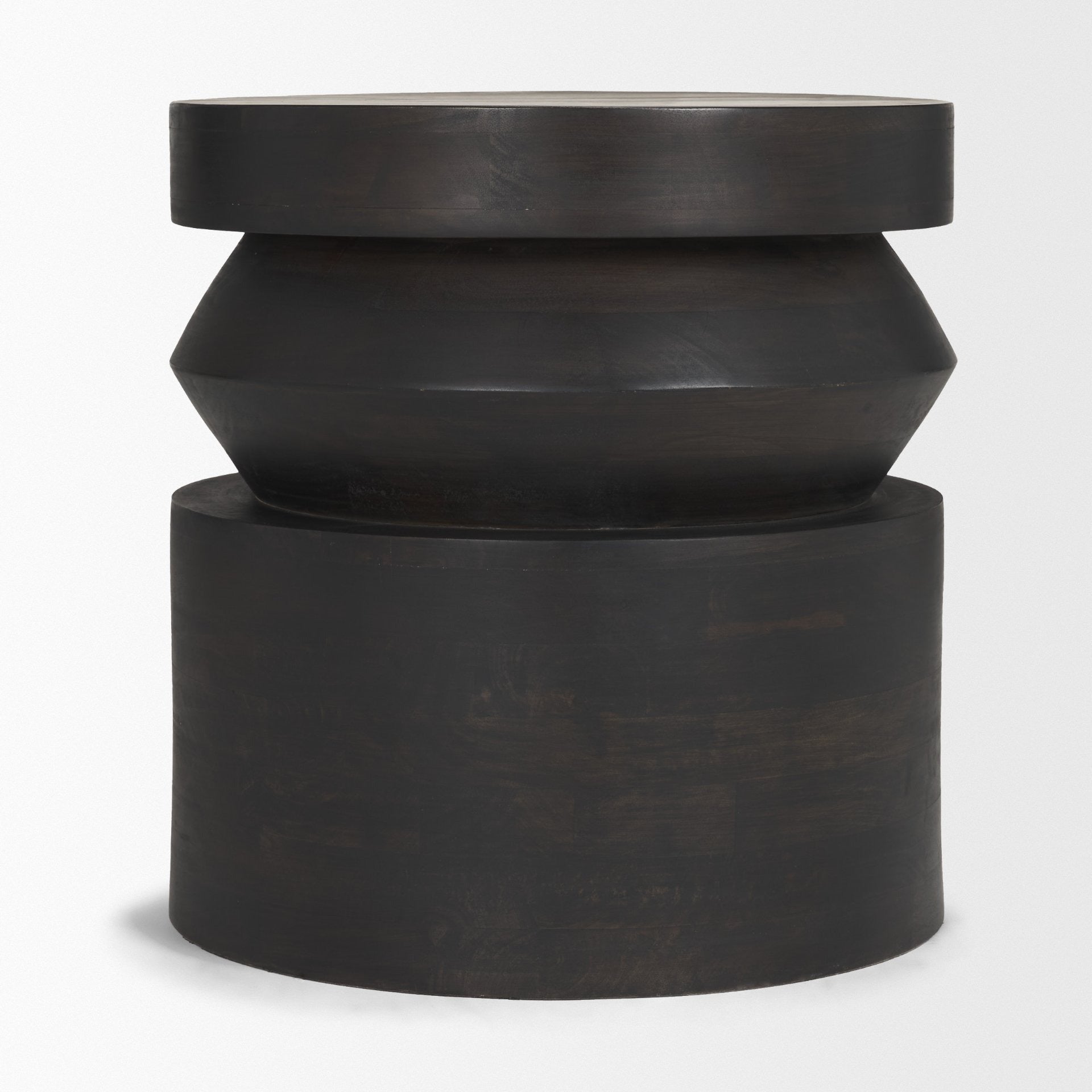 Rashama Dark Brown Wood Stacked Geometric Round Accent Table - Dekor Butik