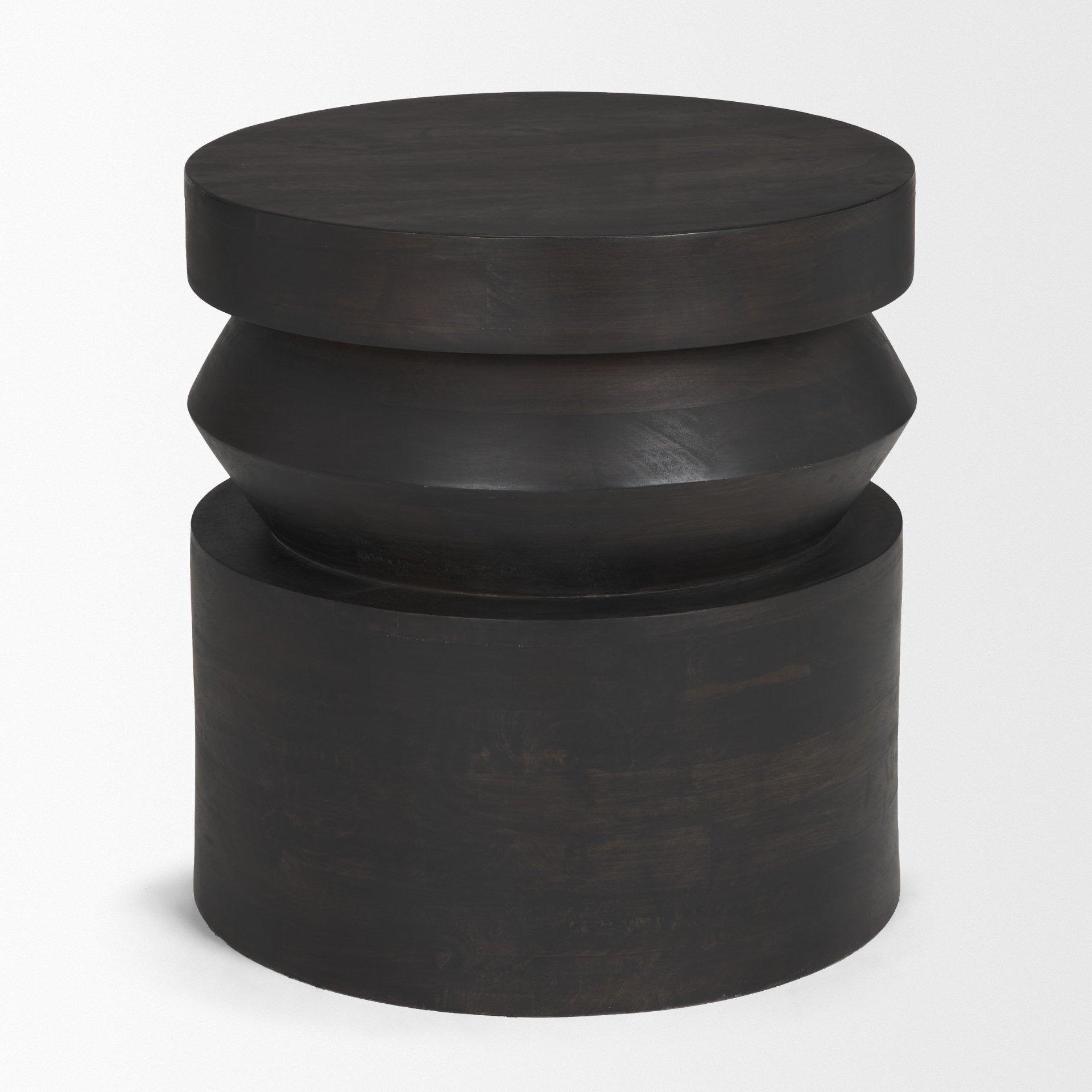 Rashama Dark Brown Wood Stacked Geometric Round Accent Table - Dekor Butik