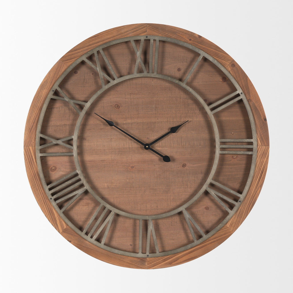 Raul Medium Brown Wood W/ Silver Metal Wall Clock - Dekor Butik