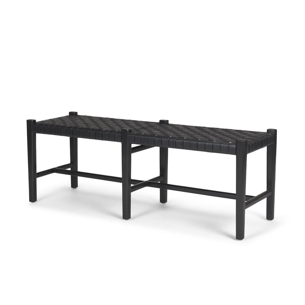 Shane Black Wood w/ Woven Black Leather Bench - Dekor Butik