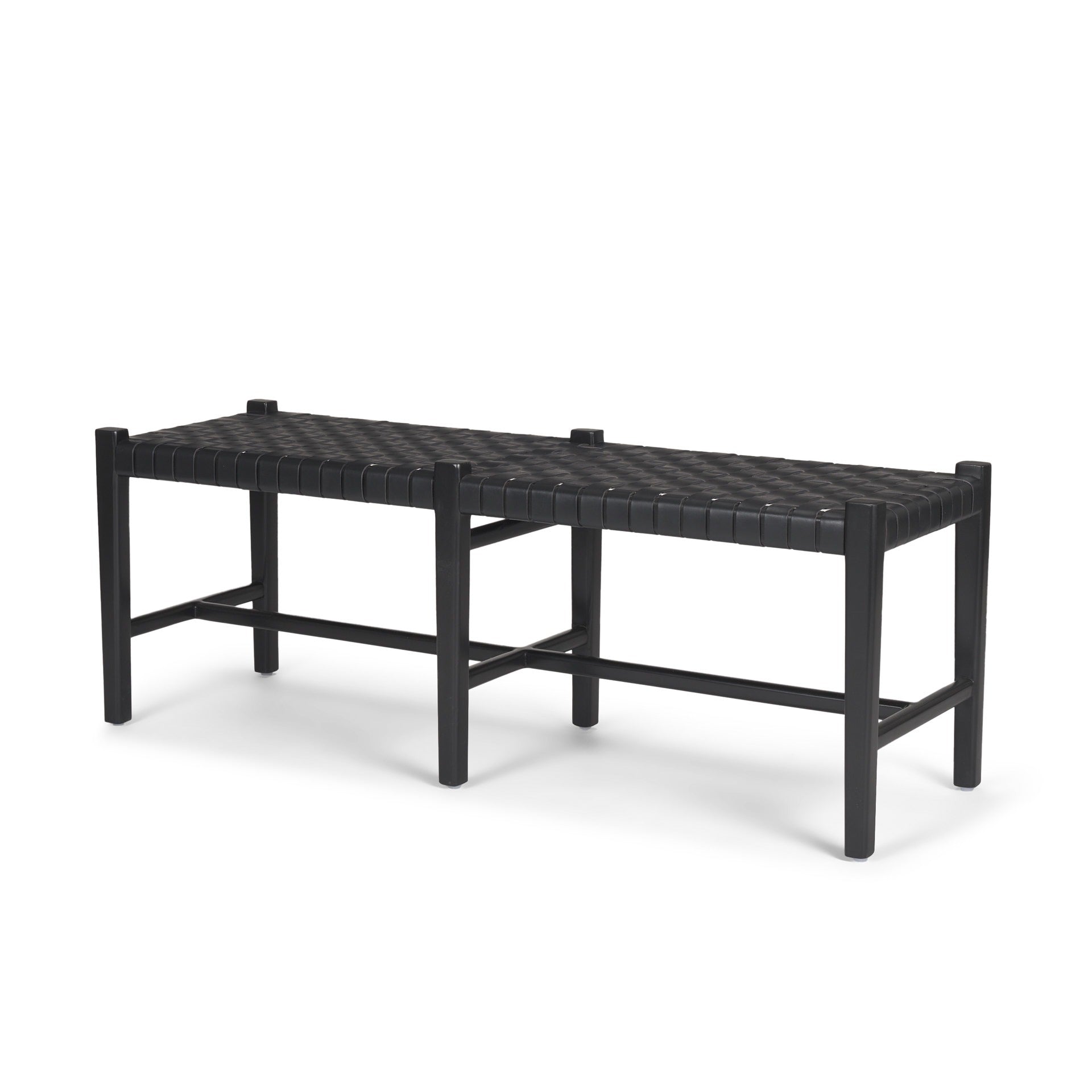 Shane Black Wood w/ Woven Black Leather Bench - Dekor Butik