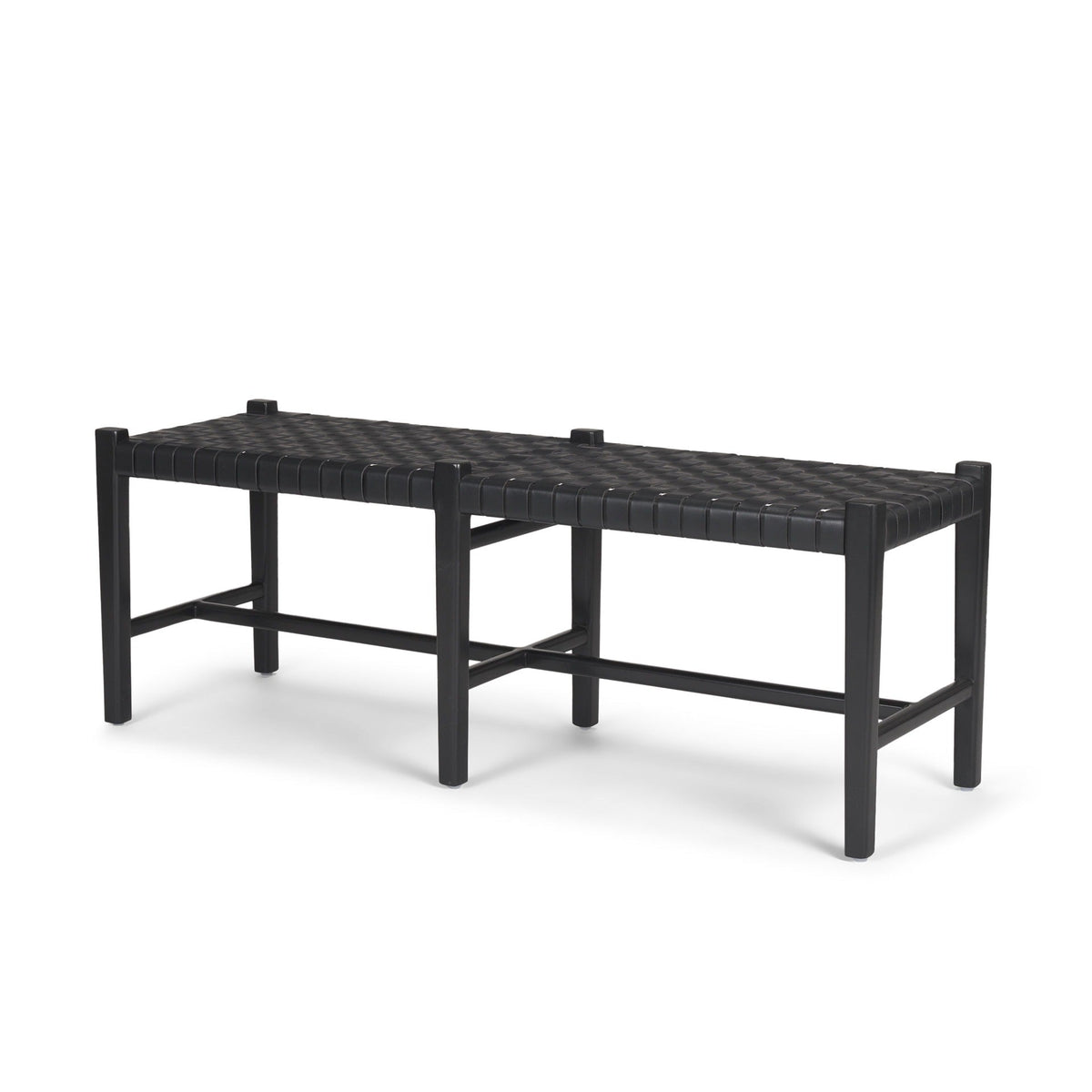Shane Black Wood w/ Woven Black Leather Bench - Dekor Butik