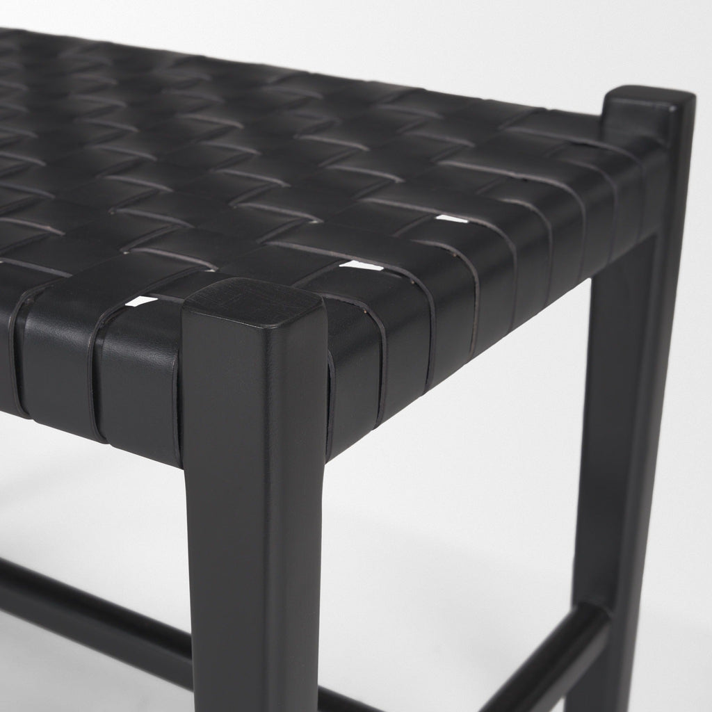 Shane Black Wood w/ Woven Black Leather Bench - Dekor Butik