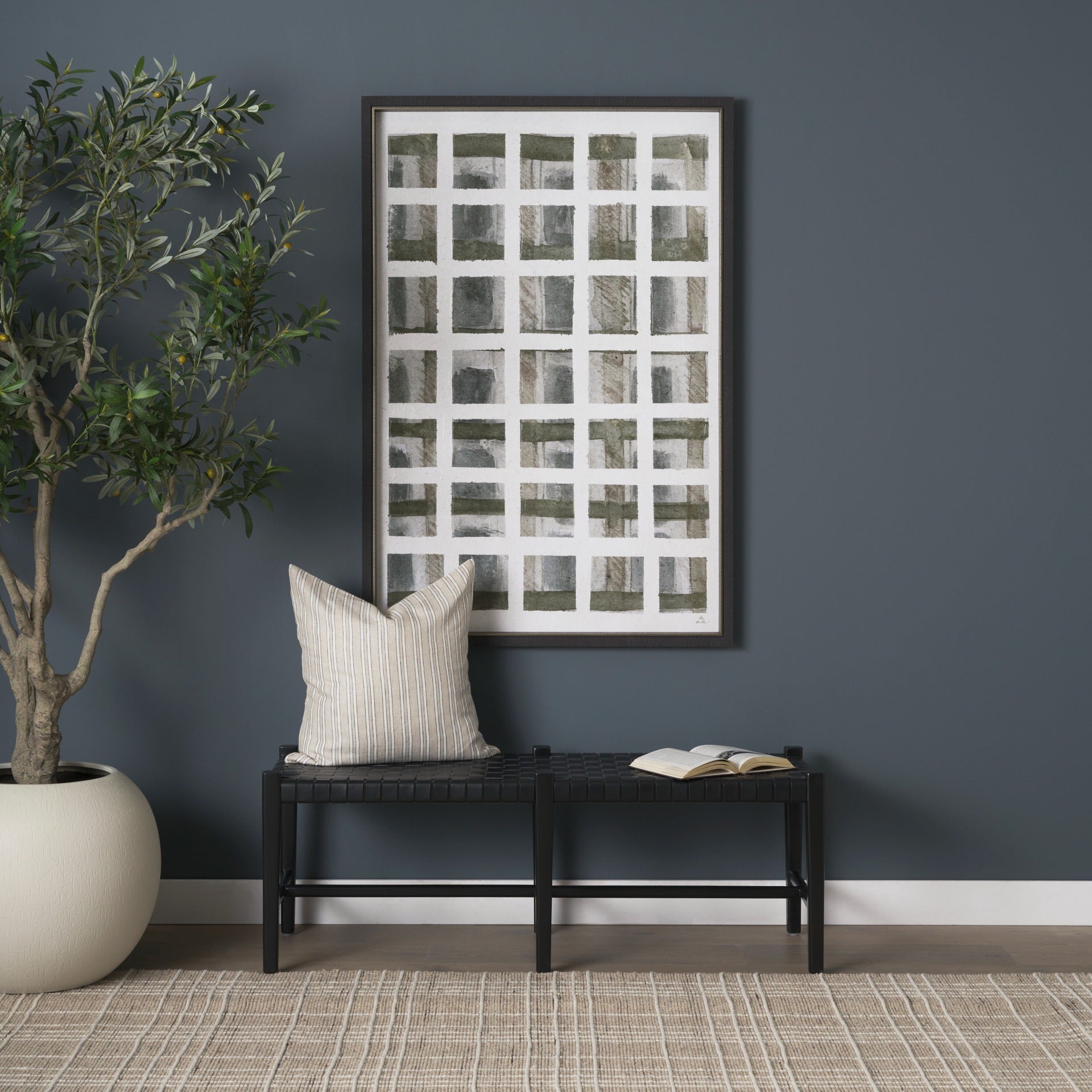 Shane Black Wood w/ Woven Black Leather Bench - Dekor Butik