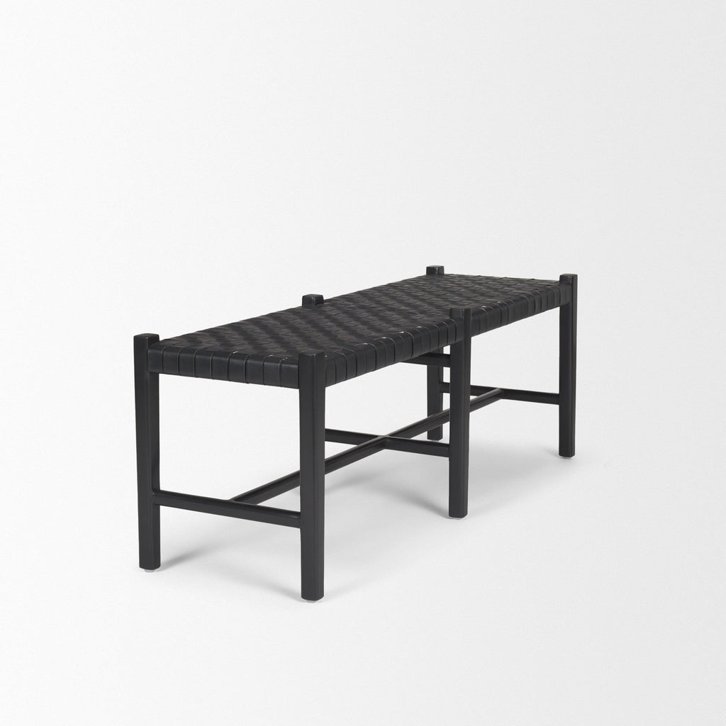 Shane Black Wood w/ Woven Black Leather Bench - Dekor Butik