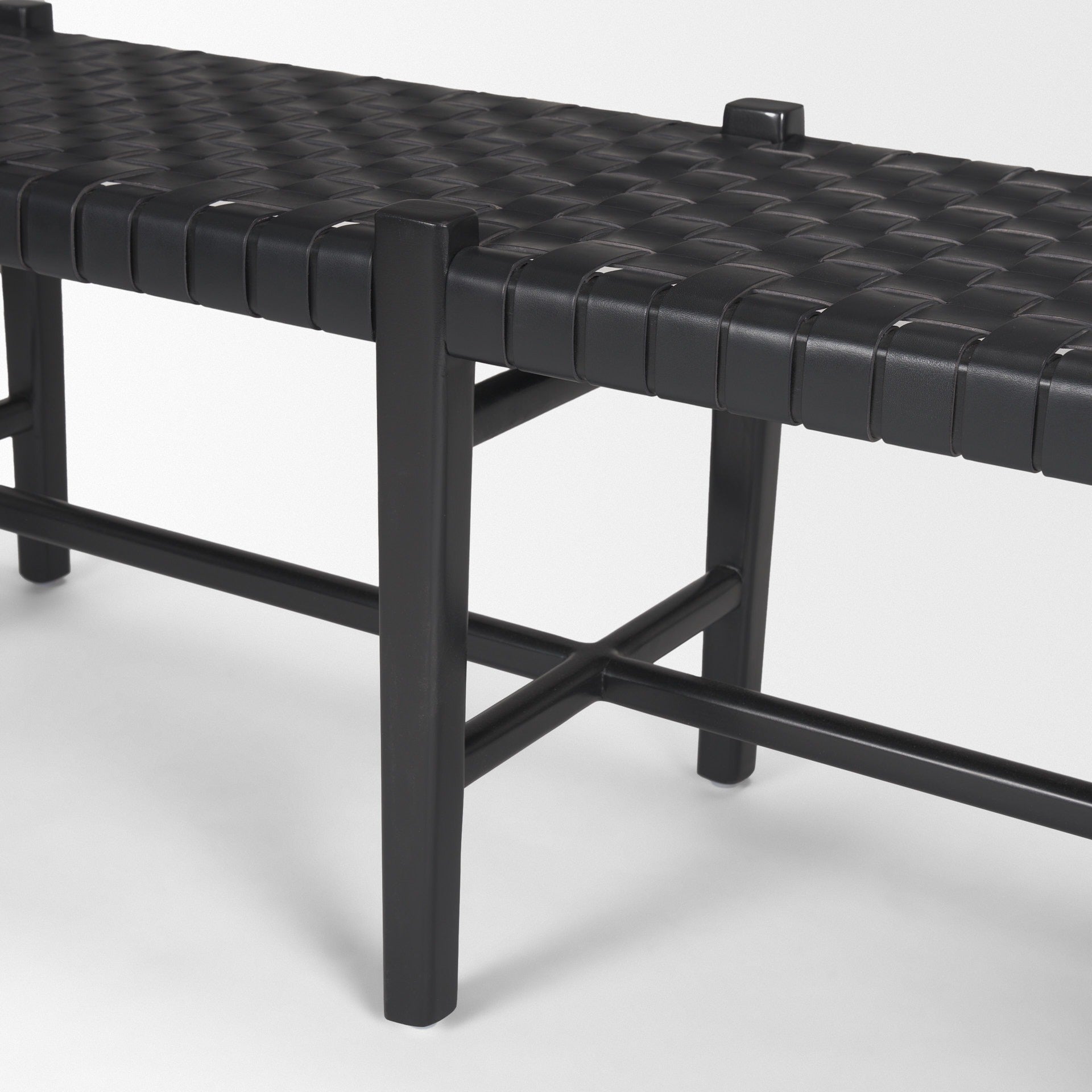 Shane Black Wood w/ Woven Black Leather Bench - Dekor Butik