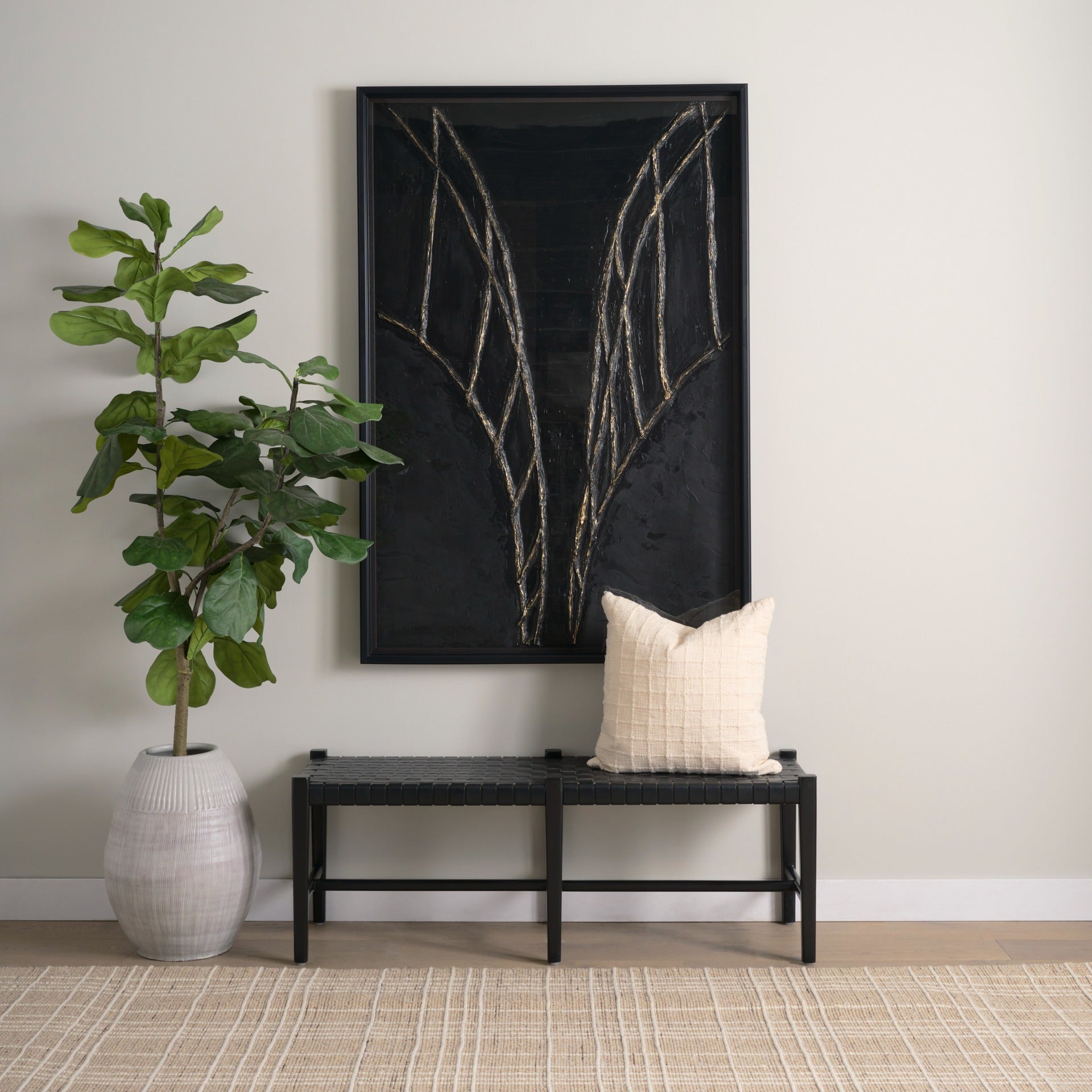 Shane Black Wood w/ Woven Black Leather Bench - Dekor Butik