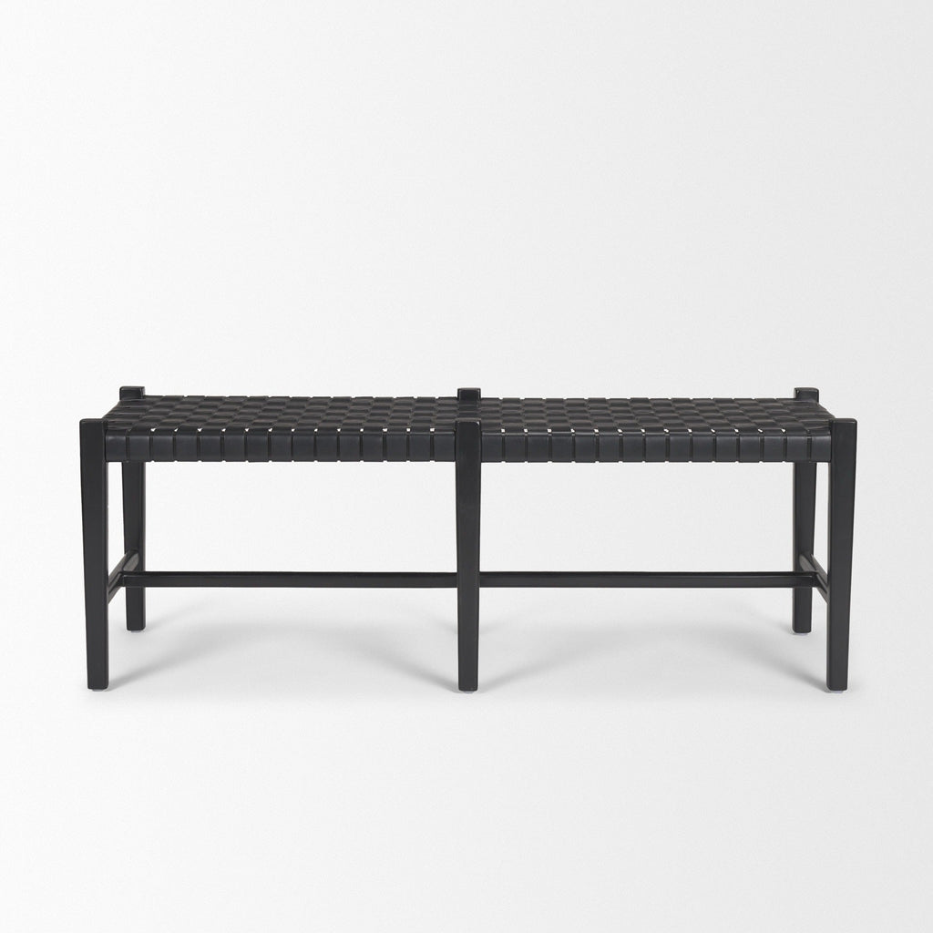 Shane Black Wood w/ Woven Black Leather Bench - Dekor Butik