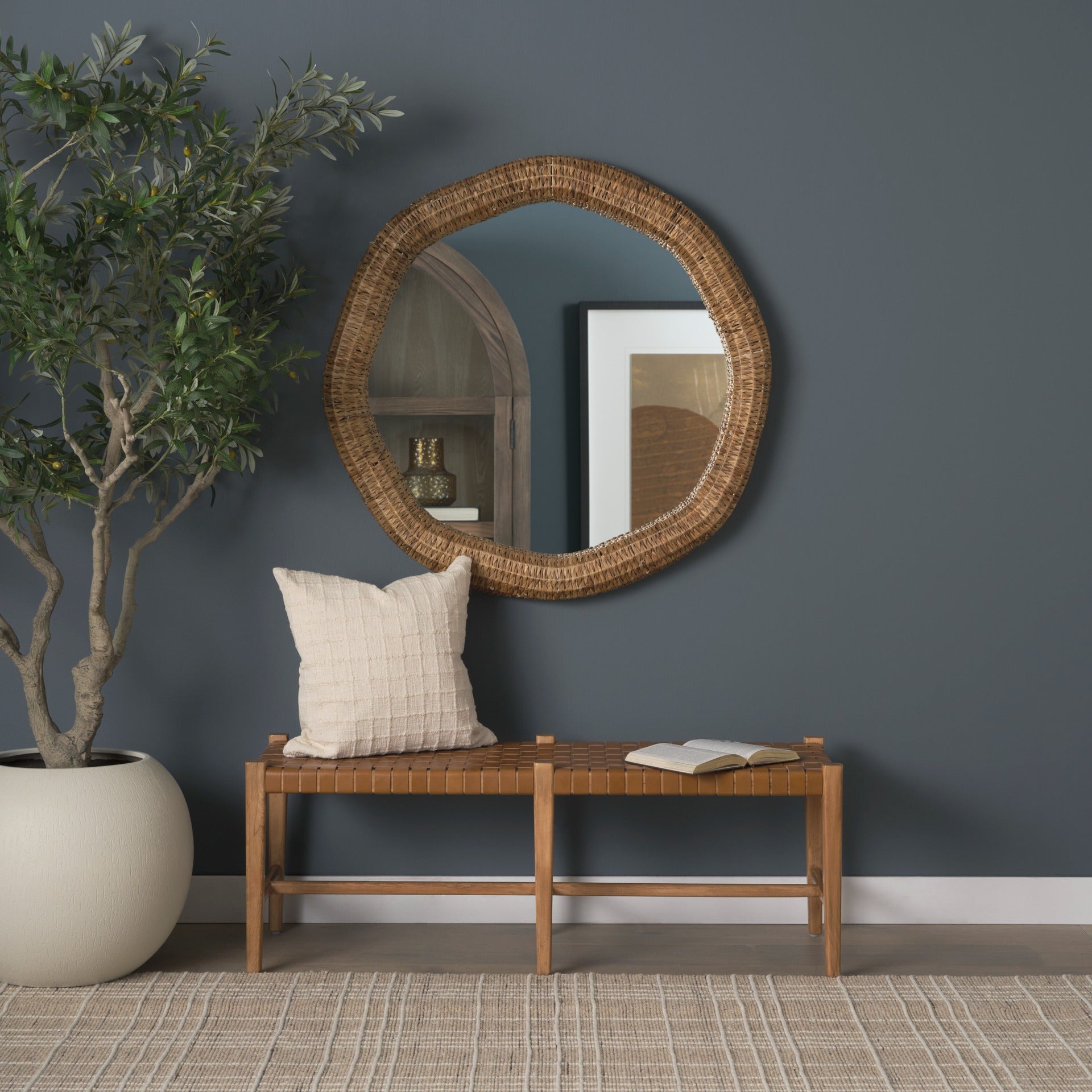 Shane Brown Wood w/ Woven Brown Leather Bench - Dekor Butik