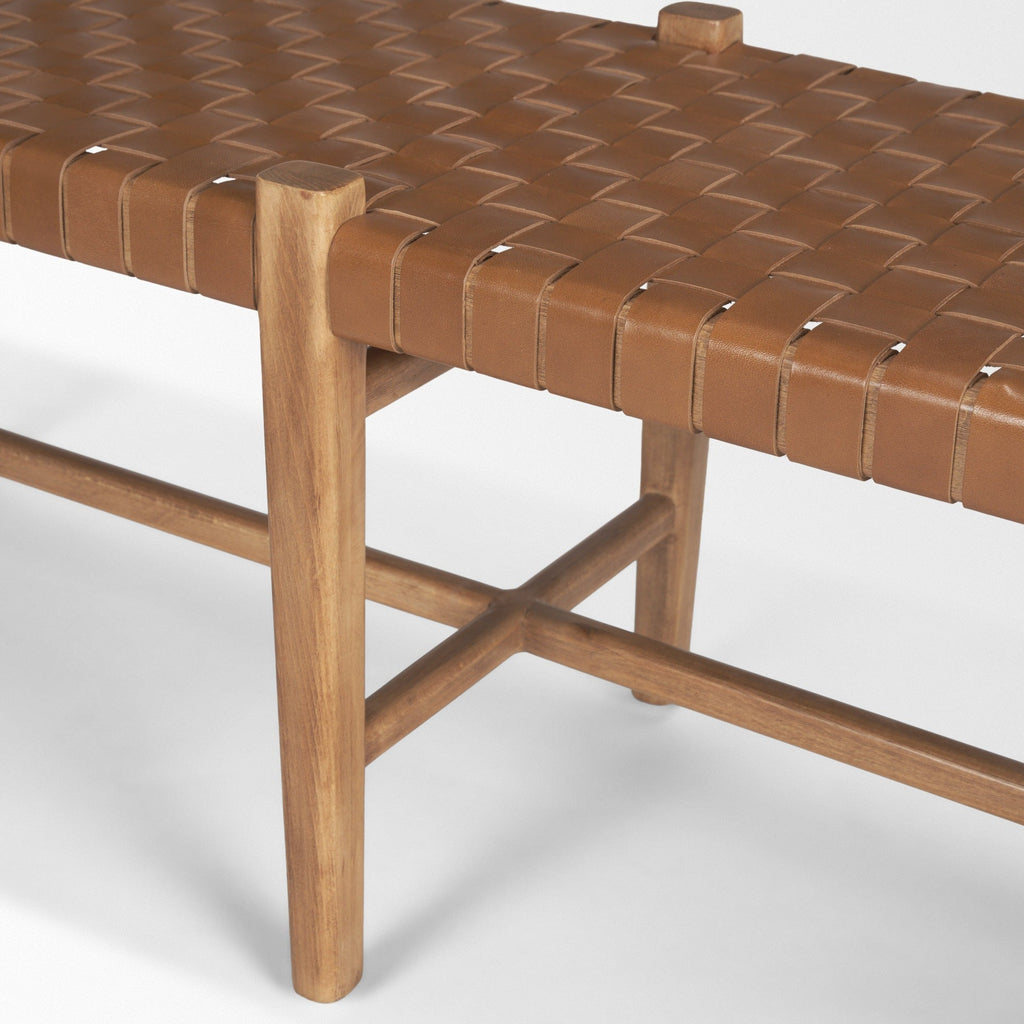 Shane Brown Wood w/ Woven Brown Leather Bench - Dekor Butik
