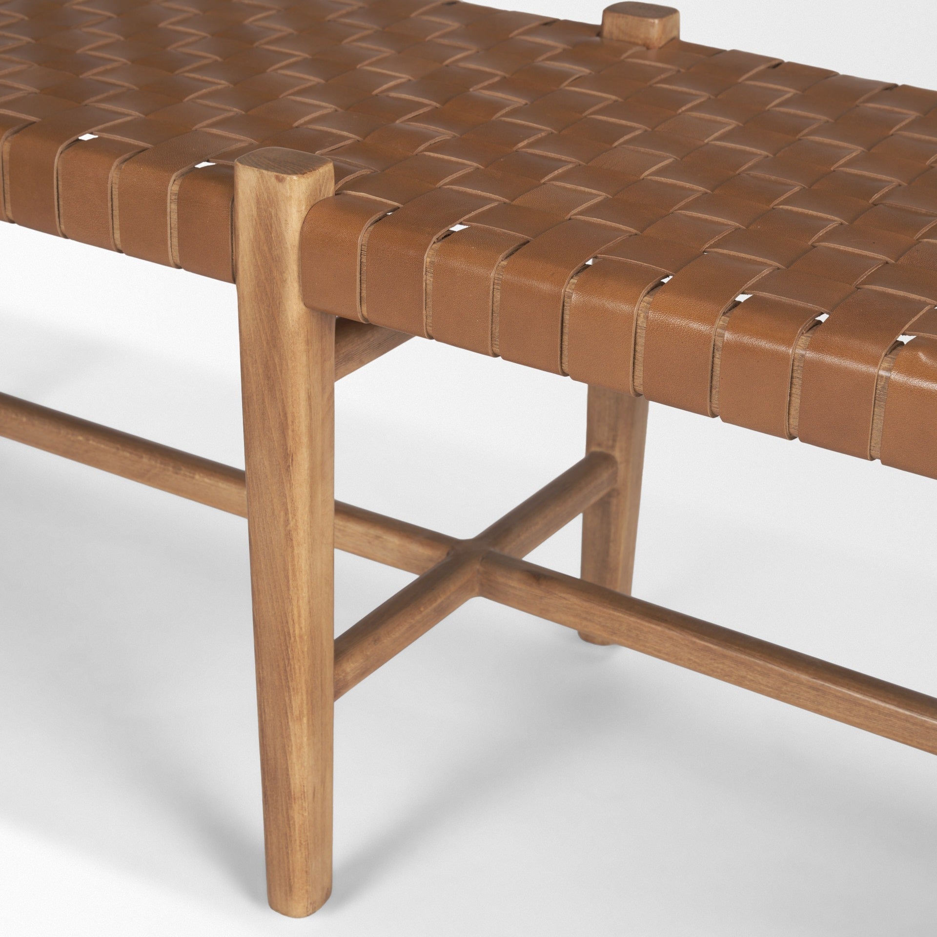 Shane Brown Wood w/ Woven Brown Leather Bench - Dekor Butik