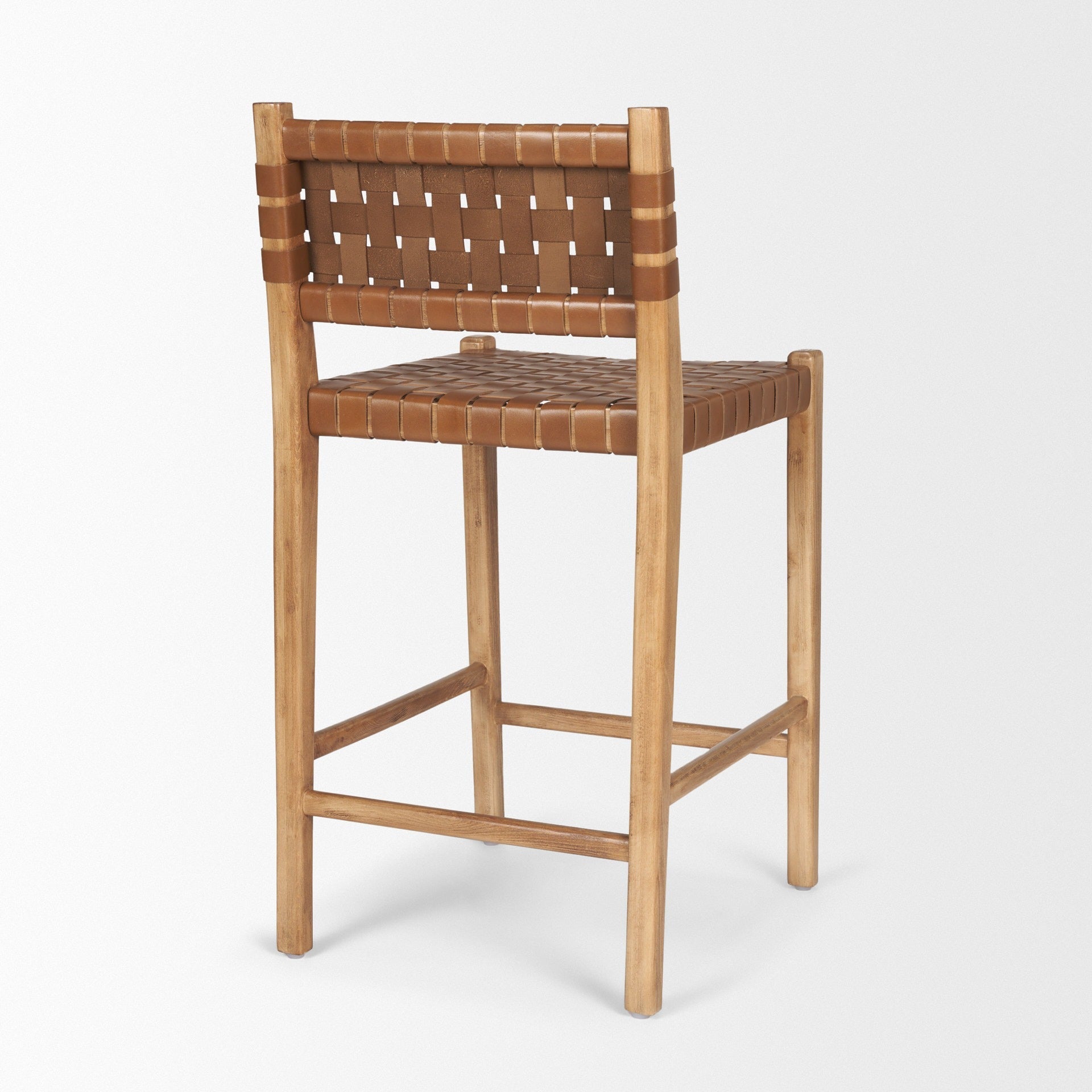 Shane Brown Wood w/ Woven Brown Leather Counter Stool - Dekor Butik