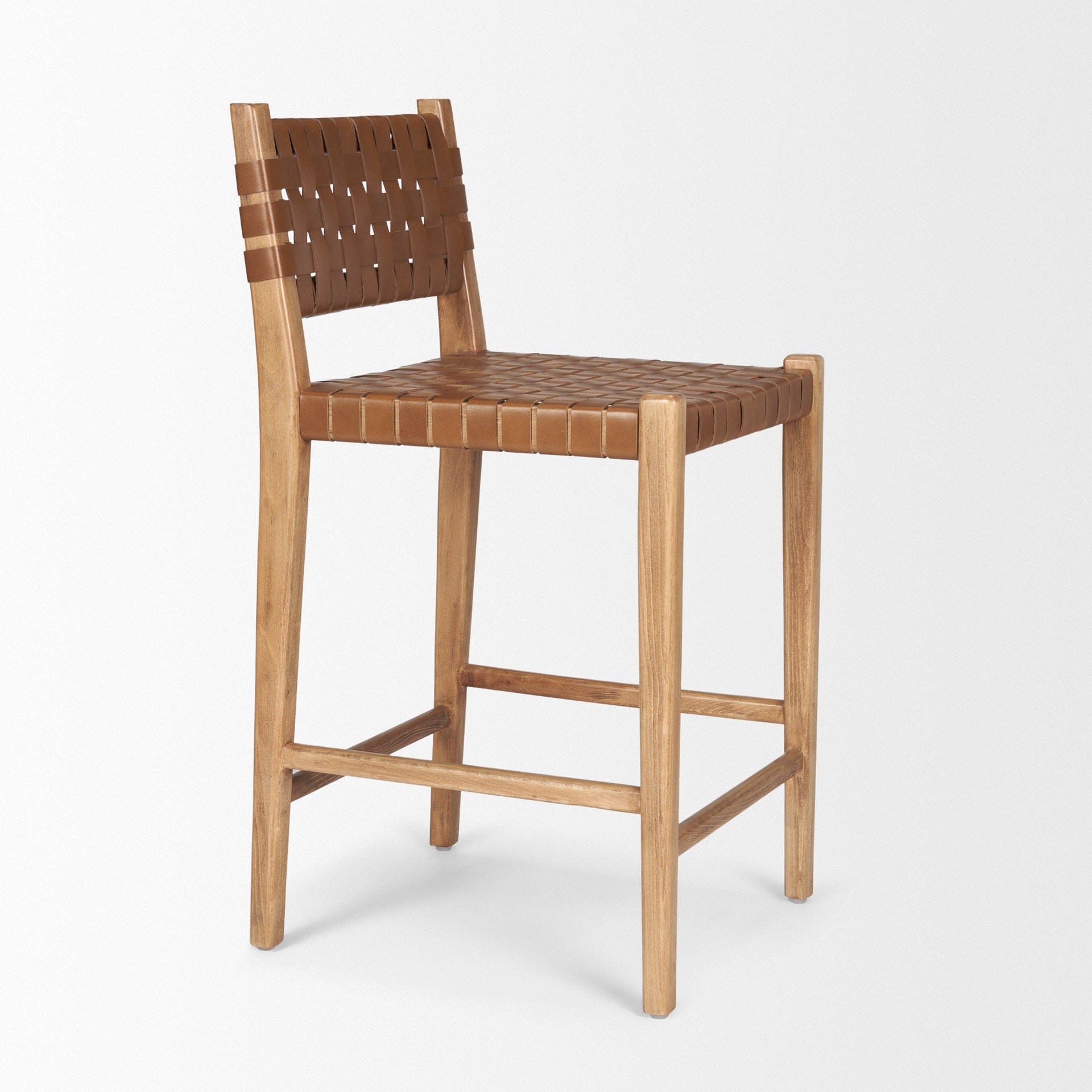 Shane Brown Wood w/ Woven Brown Leather Counter Stool - Dekor Butik