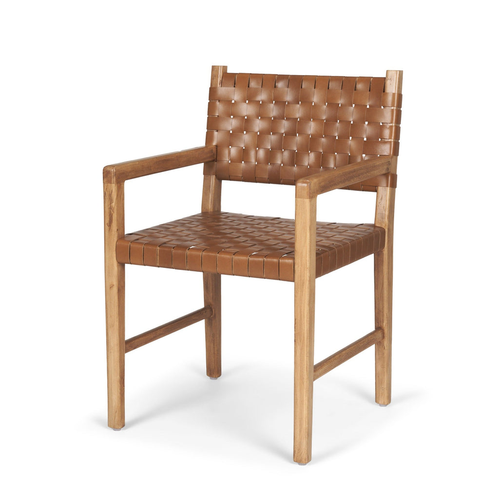 Shane Brown Wood w/ Woven Brown Leather Dining Armchair - Dekor Butik