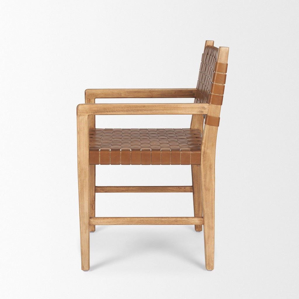 Shane Brown Wood w/ Woven Brown Leather Dining Armchair - Dekor Butik
