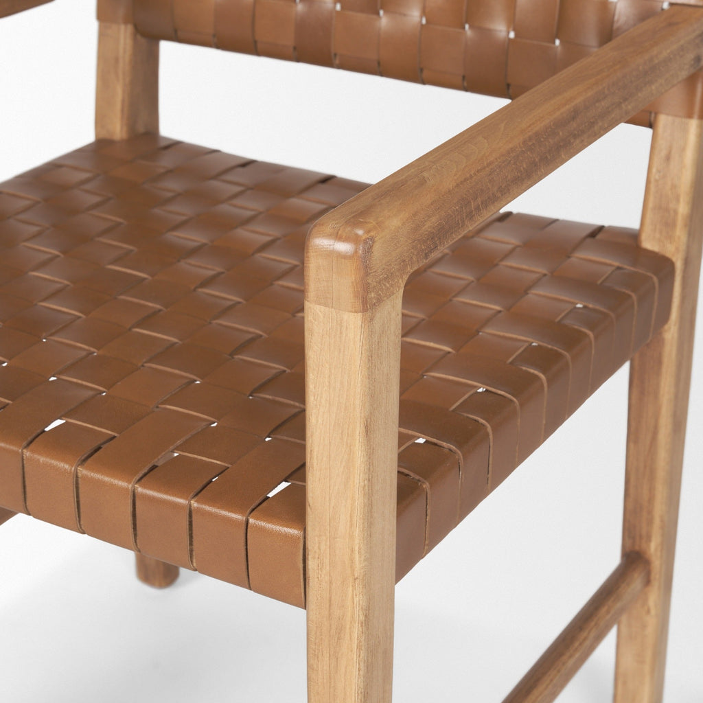 Shane Brown Wood w/ Woven Brown Leather Dining Armchair - Dekor Butik